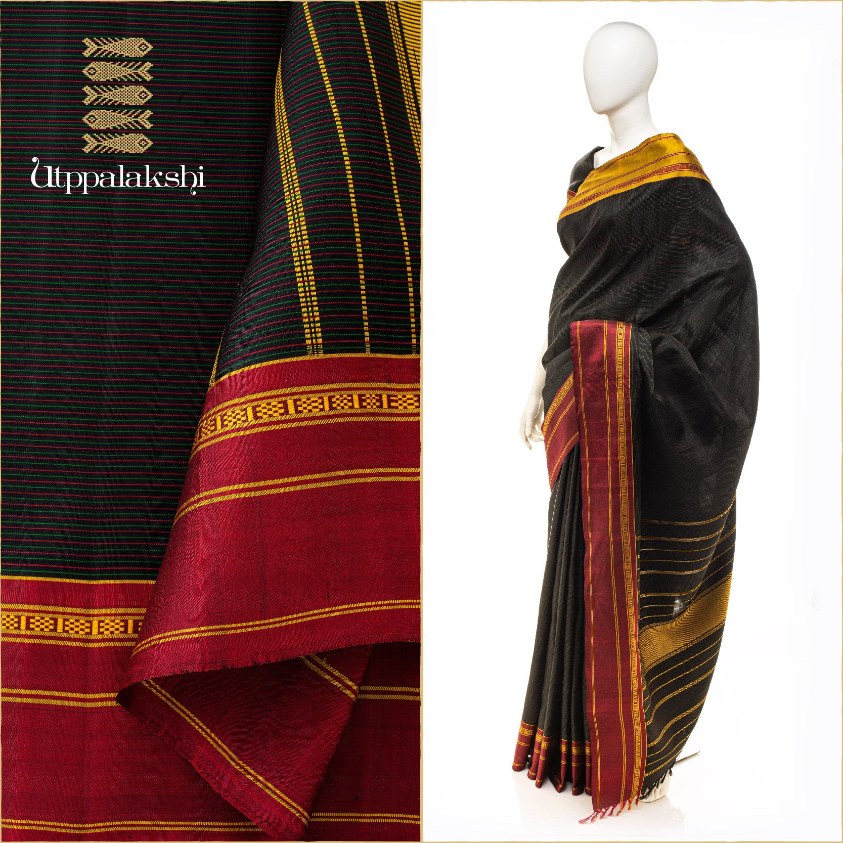 GANGA JAMUNA BORDER SAREE BLACK WITH RED AND GREEN LINES || UTPPALAKSHI HANDWOVEN KANJIVARAM SILK
