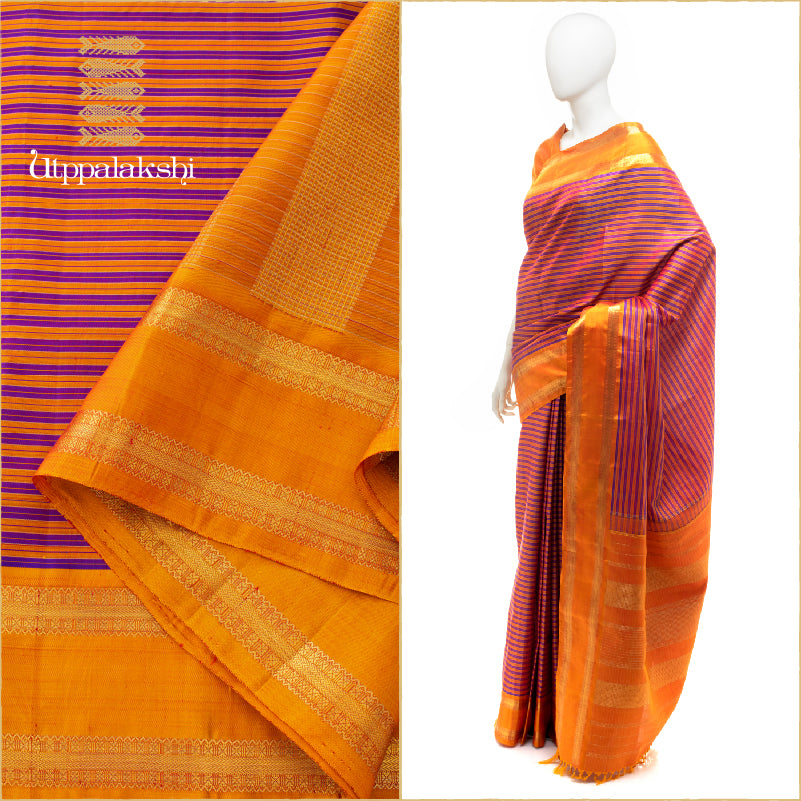 VAZHAPPOO WEAVE IN PURPLE WITH MUSTARD LINES || UTPPALAKSHI HANDWOVEN KANJIVARAM SILK SAREE PURPLE MUSTARD LINES