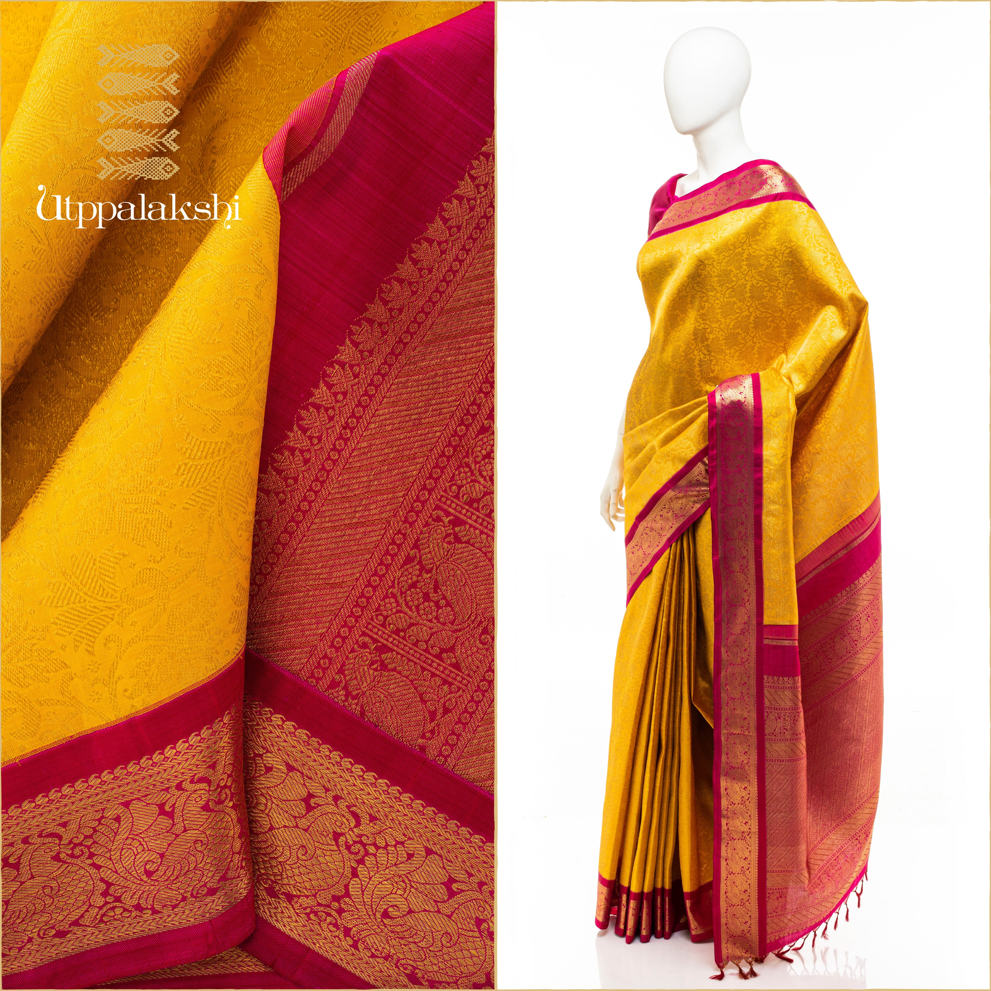 YELLOW BROCADE REDDISH PINK ANNAM || BRIDAL SAREE || UTPPALAKSHI HANDWOVEN KANJIVARAM SILK