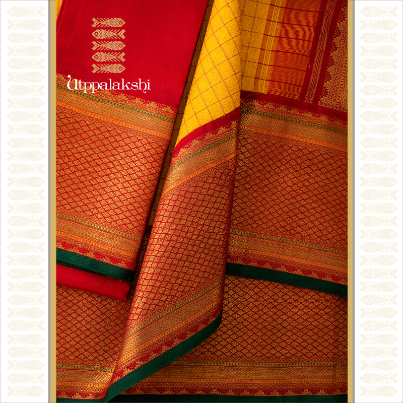 YELLOW CHECKS WITH ARAKU BORDER || UTPPALAKSHI HANDWOVEN KANJIVARAM SILK BRIDAL SAREE