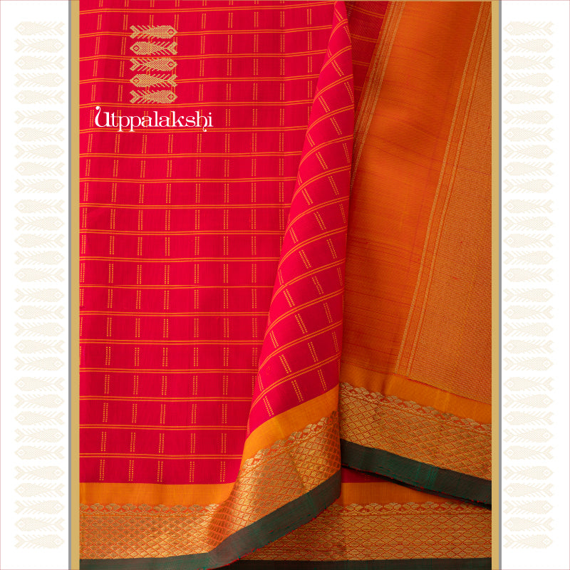 UTPPALAKSHI HANDWOVEN KANJIVARAM SILK SAREE RED MUSTARD CHECKS