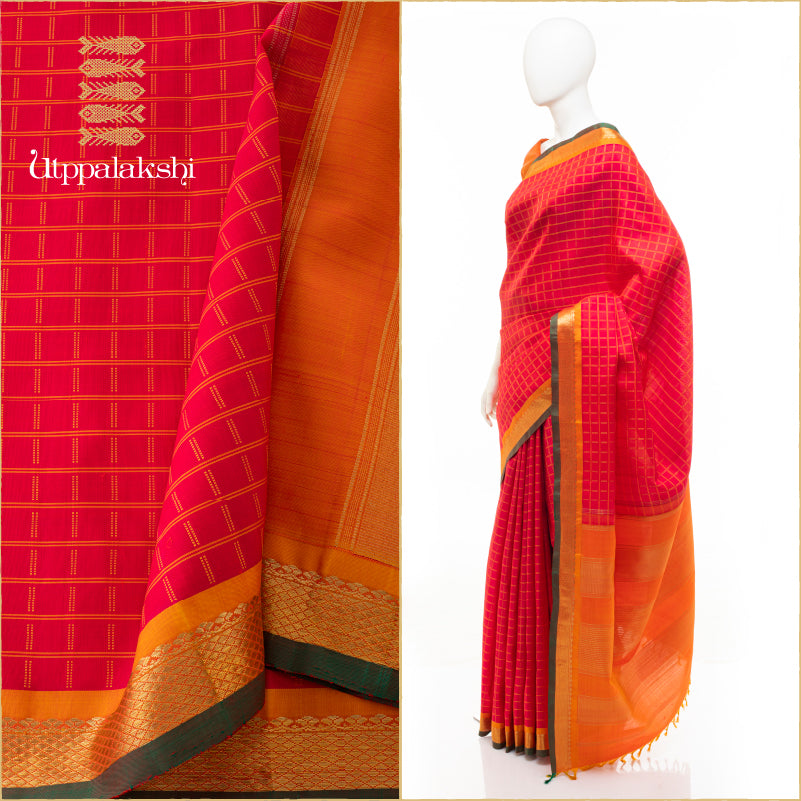UTPPALAKSHI HANDWOVEN KANJIVARAM SILK SAREE RED MUSTARD CHECKS