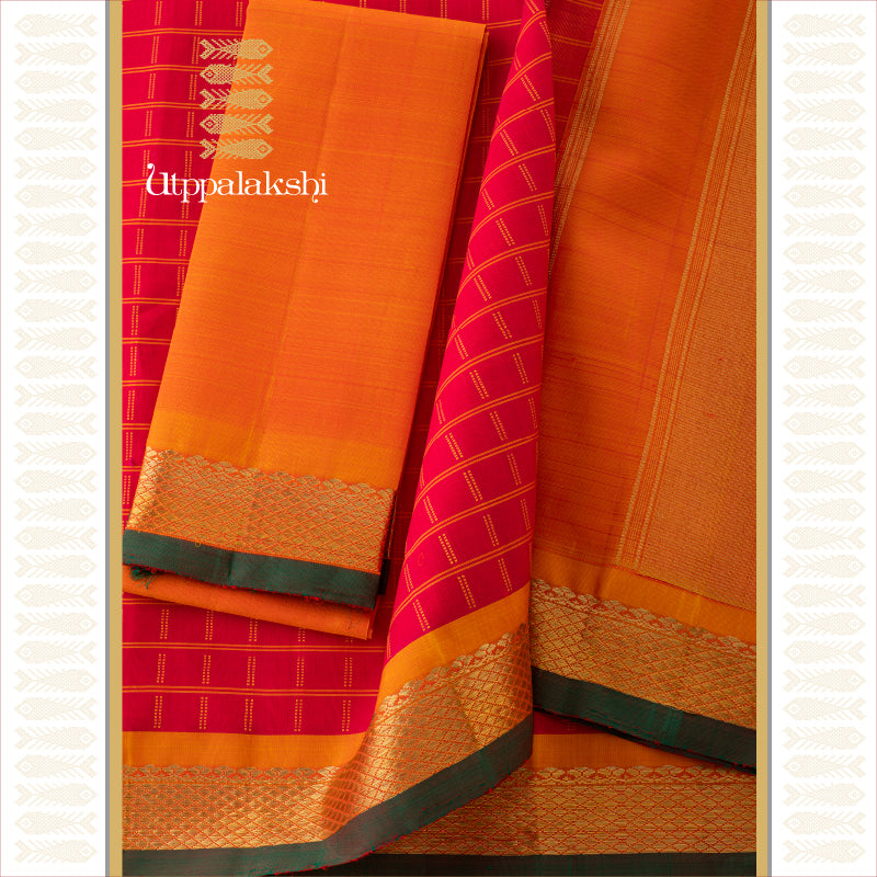 UTPPALAKSHI HANDWOVEN KANJIVARAM SILK SAREE RED MUSTARD CHECKS