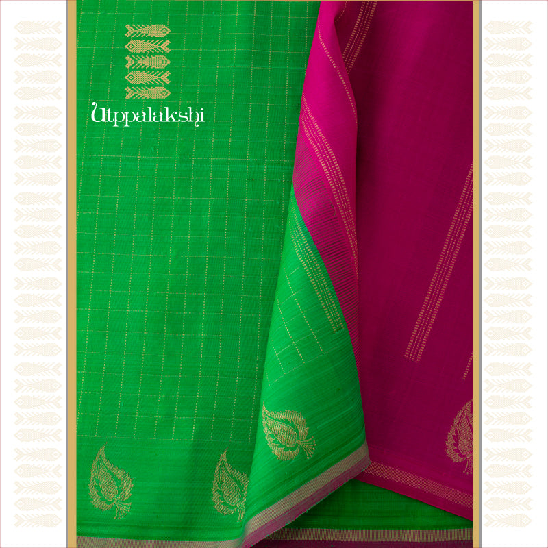 PARROT GREEN PINK CHECKS || UTPPALAKSHI HANDWOVEN KANJIVARAM SILK SAREE