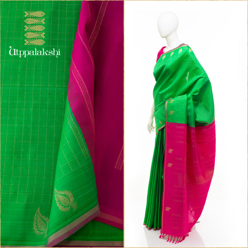 PARROT GREEN PINK CHECKS || UTPPALAKSHI HANDWOVEN KANJIVARAM SILK SAREE