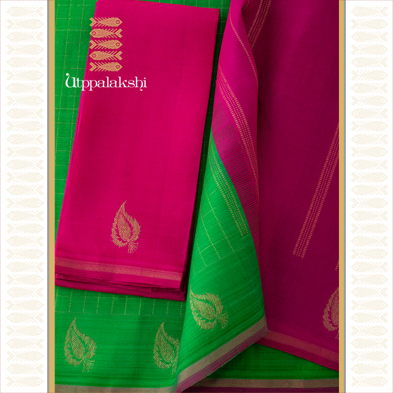 PARROT GREEN PINK CHECKS || UTPPALAKSHI HANDWOVEN KANJIVARAM SILK SAREE