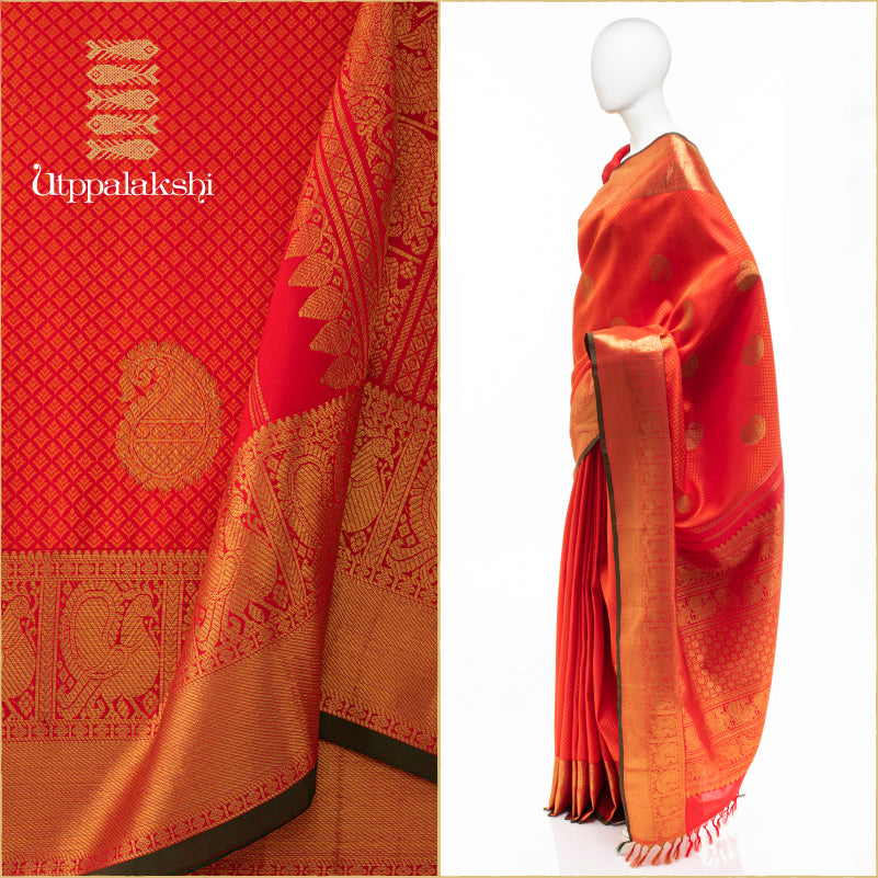UTPPALAKSHI HANDWOVEN KANJIVARAM SILK JACQUARD SAREE RED ORANGE MANGO ANNAM