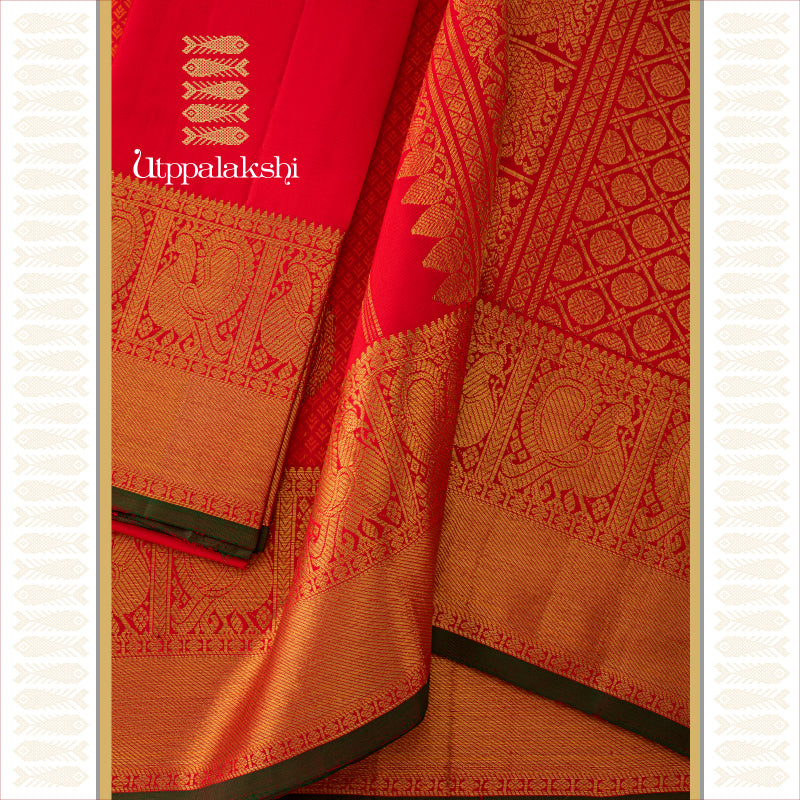 UTPPALAKSHI HANDWOVEN KANJIVARAM SILK JACQUARD SAREE RED ORANGE MANGO ANNAM