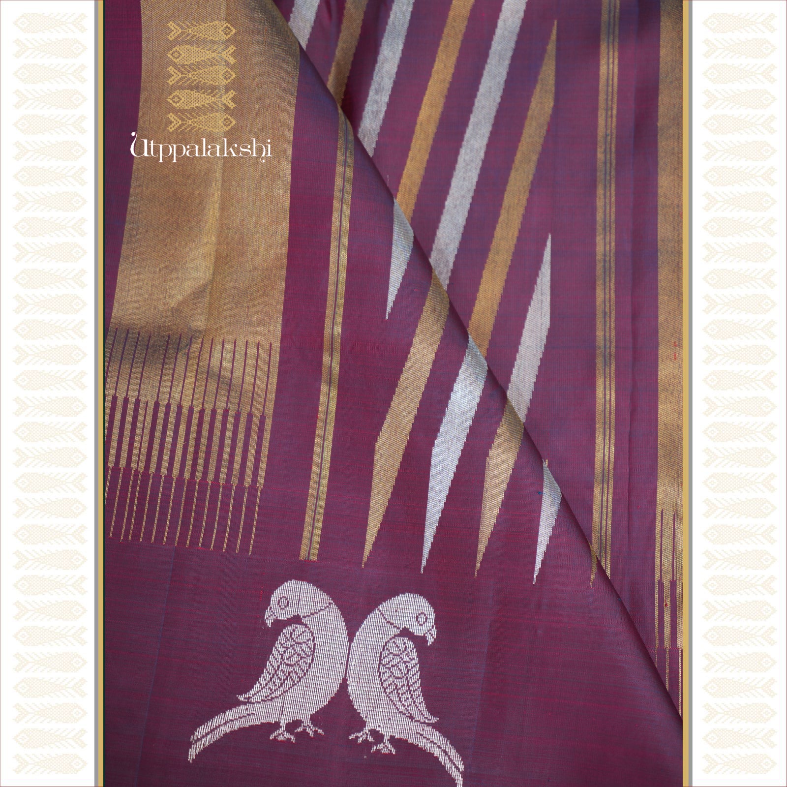 A Master Weaver’s Creation – Purple Body with Zari Lines and Silver & Gold Jodi Kili Border with Ettu Kol and Cheep Rake Pallu – An Utppalakshi Handwoven Kanjivaram Silk Saree