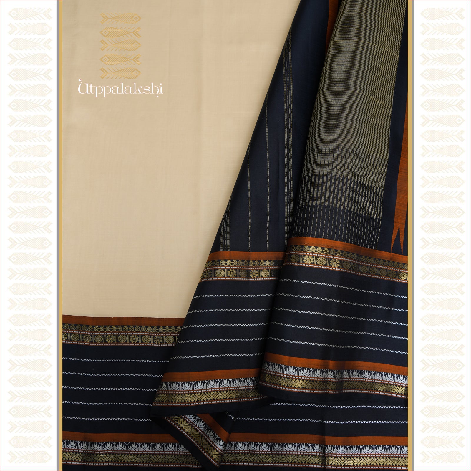 A Master Weaver’s Creation – Creamy White Plain Body with Black Border and Temple Motifs and Black Seer Pallu – An Utppalakshi Handwoven Kanjivaram Silk Saree