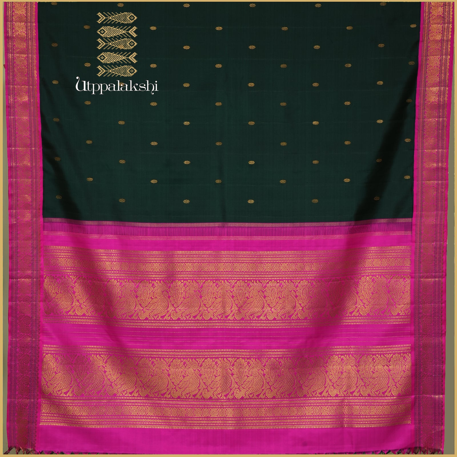 A Master Weaver’s Creation – Deep Green with Kamalam Buttas and Shocking Pink Contrast Border and Pallu – An Utppalakshi Handwoven Kanjivaram Silk Saree