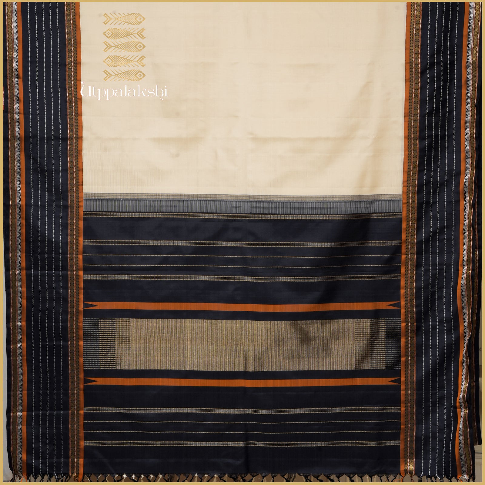 A Master Weaver’s Creation – Creamy White Plain Body with Black Border and Temple Motifs and Black Seer Pallu – An Utppalakshi Handwoven Kanjivaram Silk Saree