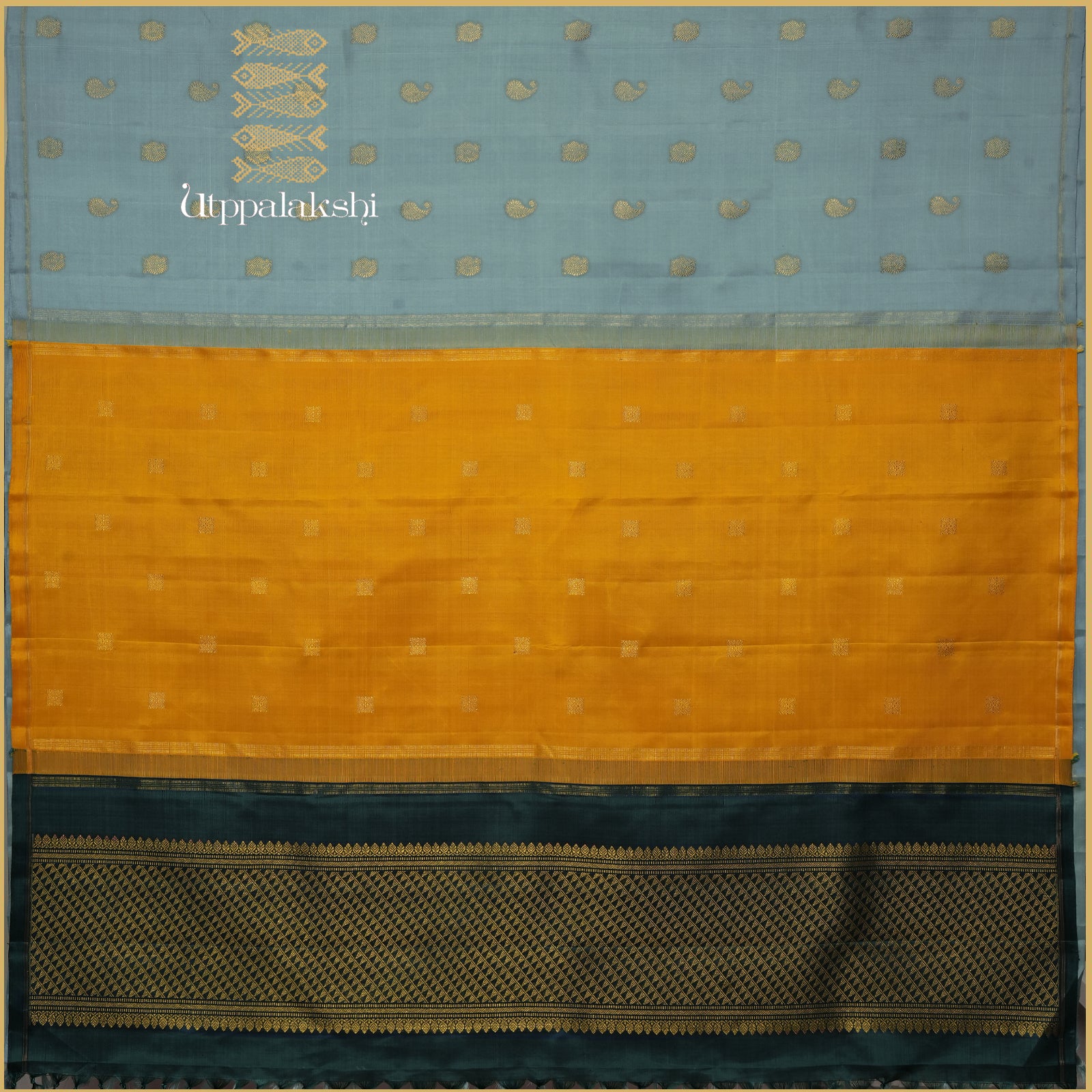 Smokey Blue with Annam and Mango Motifs and Dark Green & Yellow Double Pallu – An Utppalakshi Handwoven Kanjivaram Silk Saree