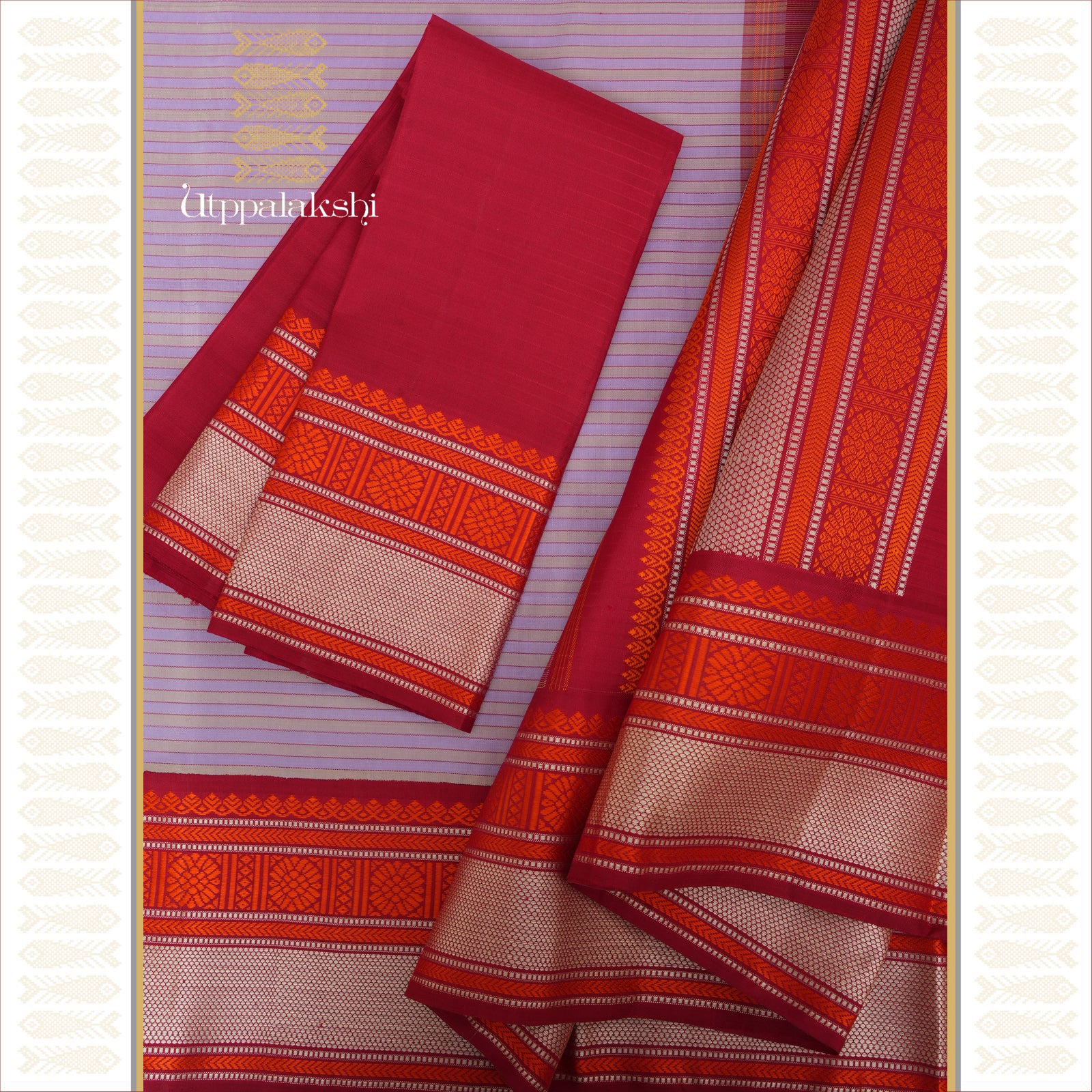 A Master Weaver’s Creation – Lavender Vaazhapoo South Body with Red and White Silk Pettu Border and Matching Pallu – An Utppalakshi Handwoven Kanjivaram South Saree