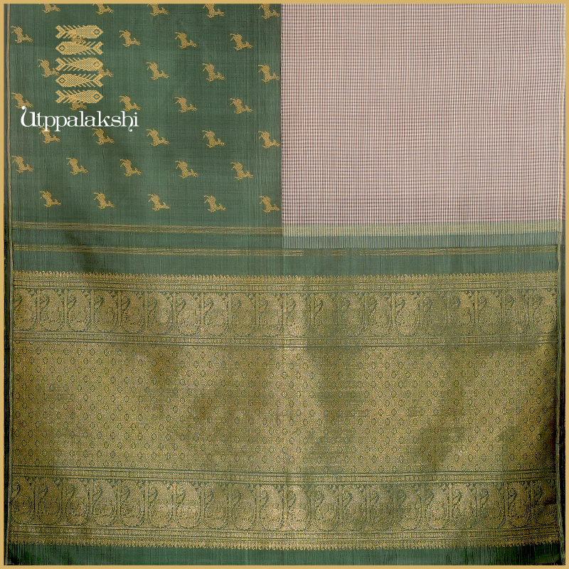 GREEN AND BROWN  CHECKS HALF AND HALF SAREE -AN UTPPALAKSHI HANDWOVEN KANCHIPURAM SILK SAREE