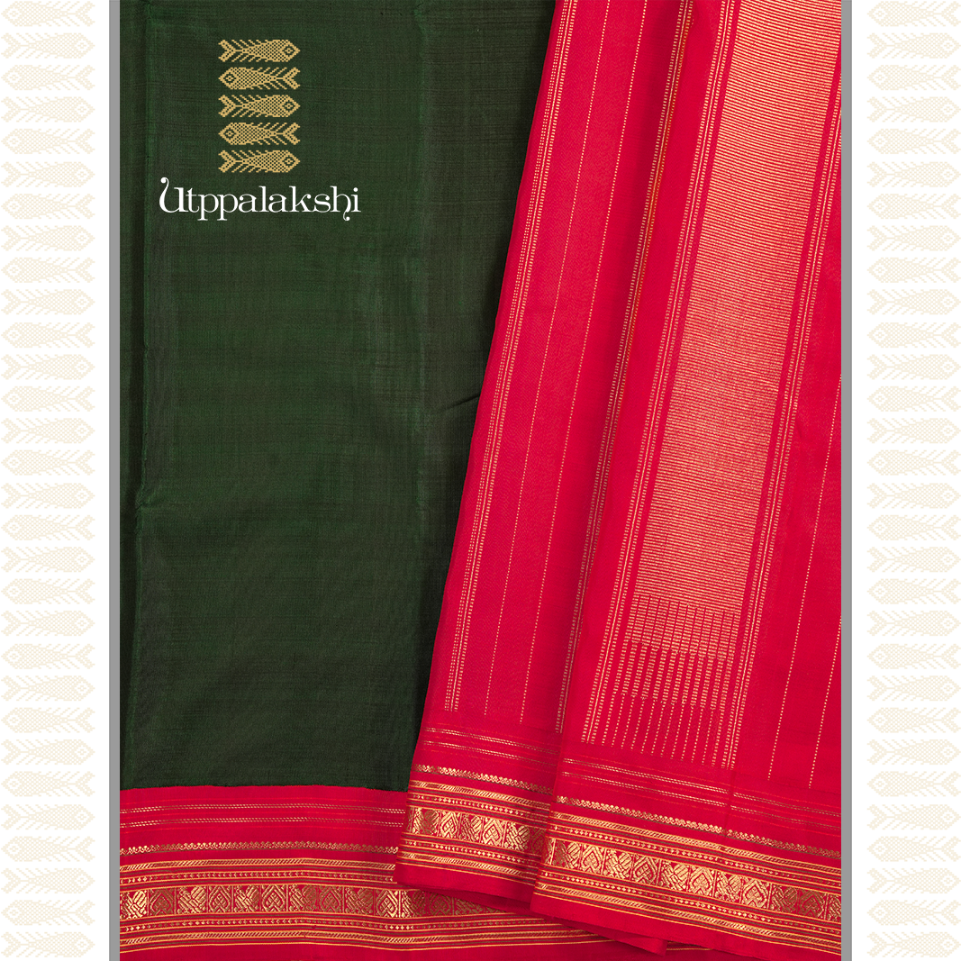 BOTTLE GREEN SAREE WITH RED BORDER-AN UTPPALAKSHI HANDWOVEN KANCHIPURAM SILK SAREE