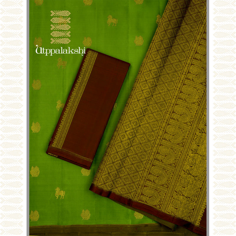 LEAF GREEN SAREE WITH COFFEE BROWN PALLU -AN UTPPALAKSHI HANDWOVEN KANCHIPURAM SILK SAREE