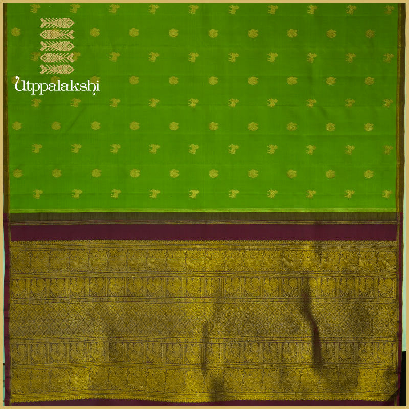 LEAF GREEN SAREE WITH COFFEE BROWN PALLU -AN UTPPALAKSHI HANDWOVEN KANCHIPURAM SILK SAREE