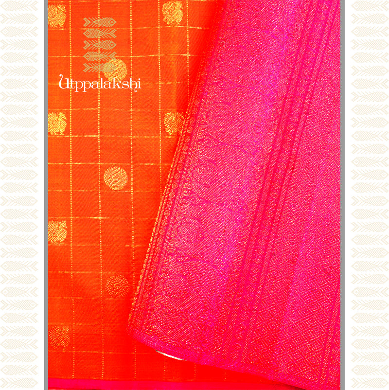 Orange Zari Checks Saree with Pink Pallu – An Utppalakshi Handwoven Kanchipuram Silk Saree