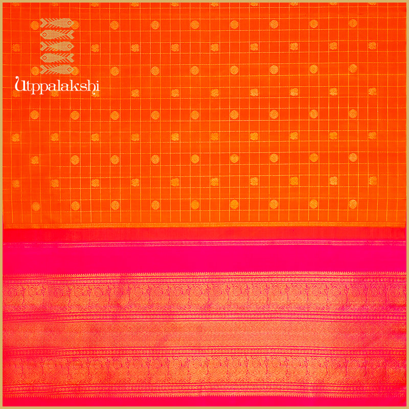 Orange Zari Checks Saree with Pink Pallu – An Utppalakshi Handwoven Kanchipuram Silk Saree