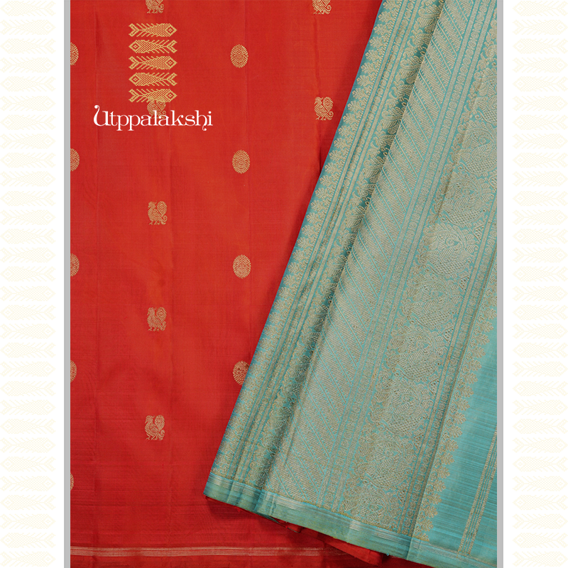 RUST SAREE WITH REXONA COLOUR PALLU-AN UTPPALAKSHI HANDWOVEN KANCHIPURAM SILK SAREE