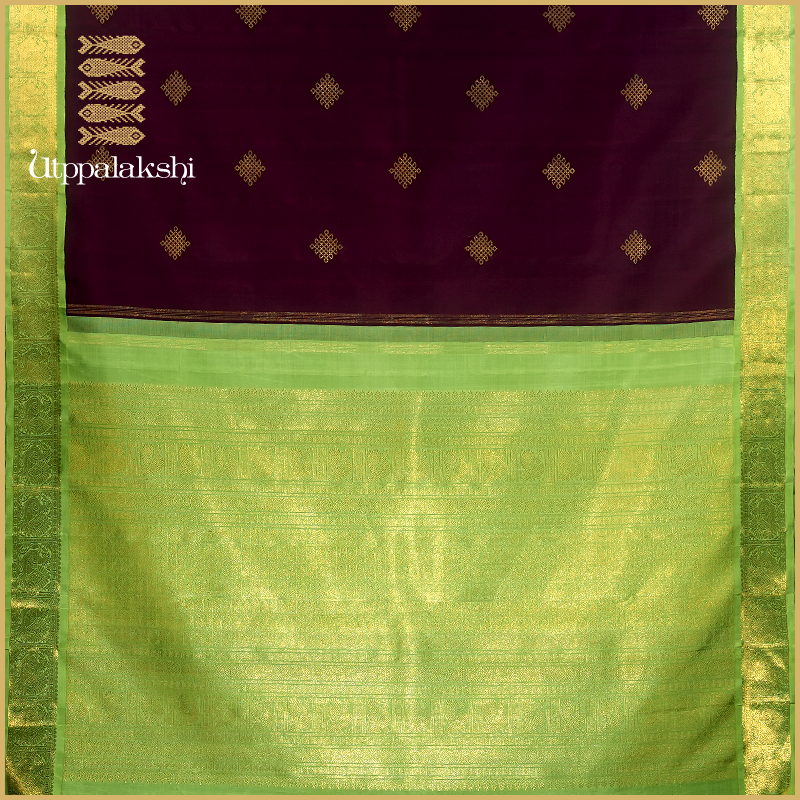 COFFEE BROWN KOLAM SAREE WITH PISTA GREEN BORDER-AN UTPPALAKSHI HANDWOVEN KANCHIPURAM SILK SAREE