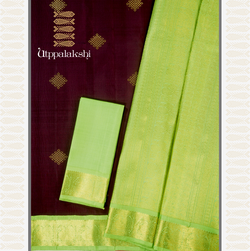 COFFEE BROWN KOLAM SAREE WITH PISTA GREEN BORDER-AN UTPPALAKSHI HANDWOVEN KANCHIPURAM SILK SAREE