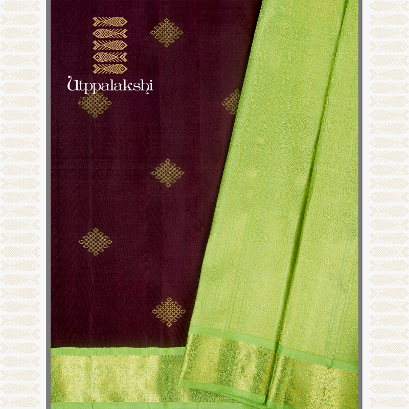COFFEE BROWN KOLAM SAREE WITH PISTA GREEN BORDER-AN UTPPALAKSHI HANDWOVEN KANCHIPURAM SILK SAREE