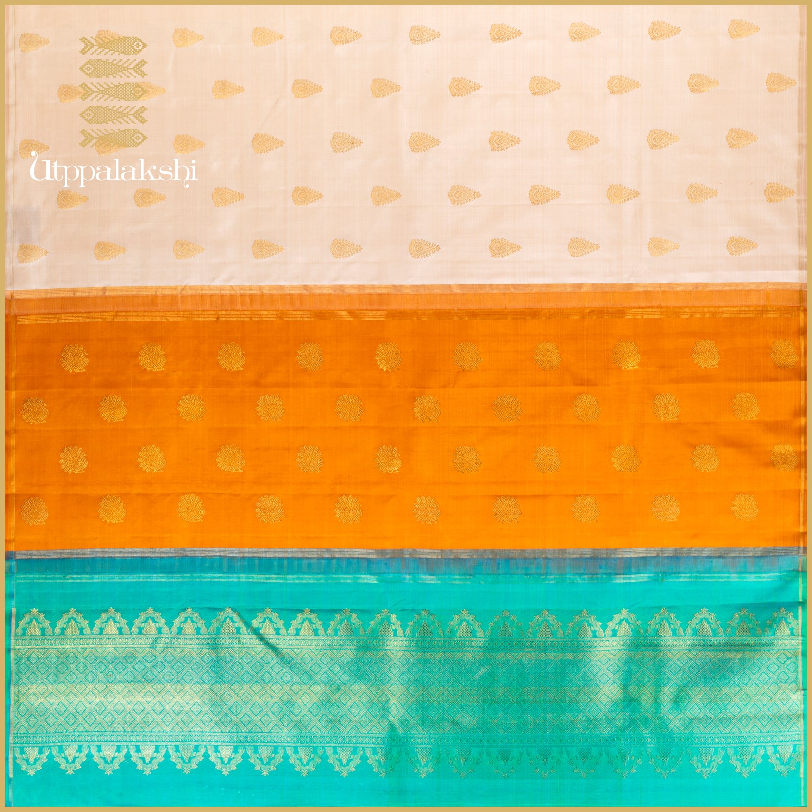 BEIGE WITH ZARI TILAKAM WITH REXONA & MUSTARD PALLU - AN UTPPALAKSHI HANDWOVEN KANJIVARAM SILK SAREE