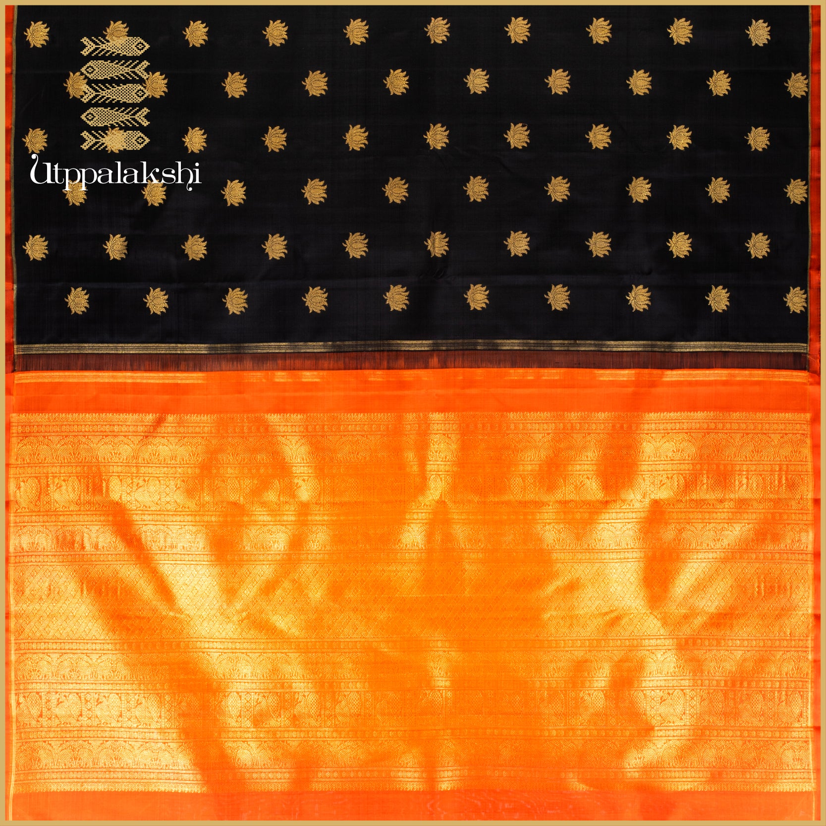 BLACK LOTUS MOTIF BODY WITH BURNT ORANGE ZARI PALLU & BORDER- AN UTPPALAKSHI HANDWOVEN KANJIVARAM SILK SAREE