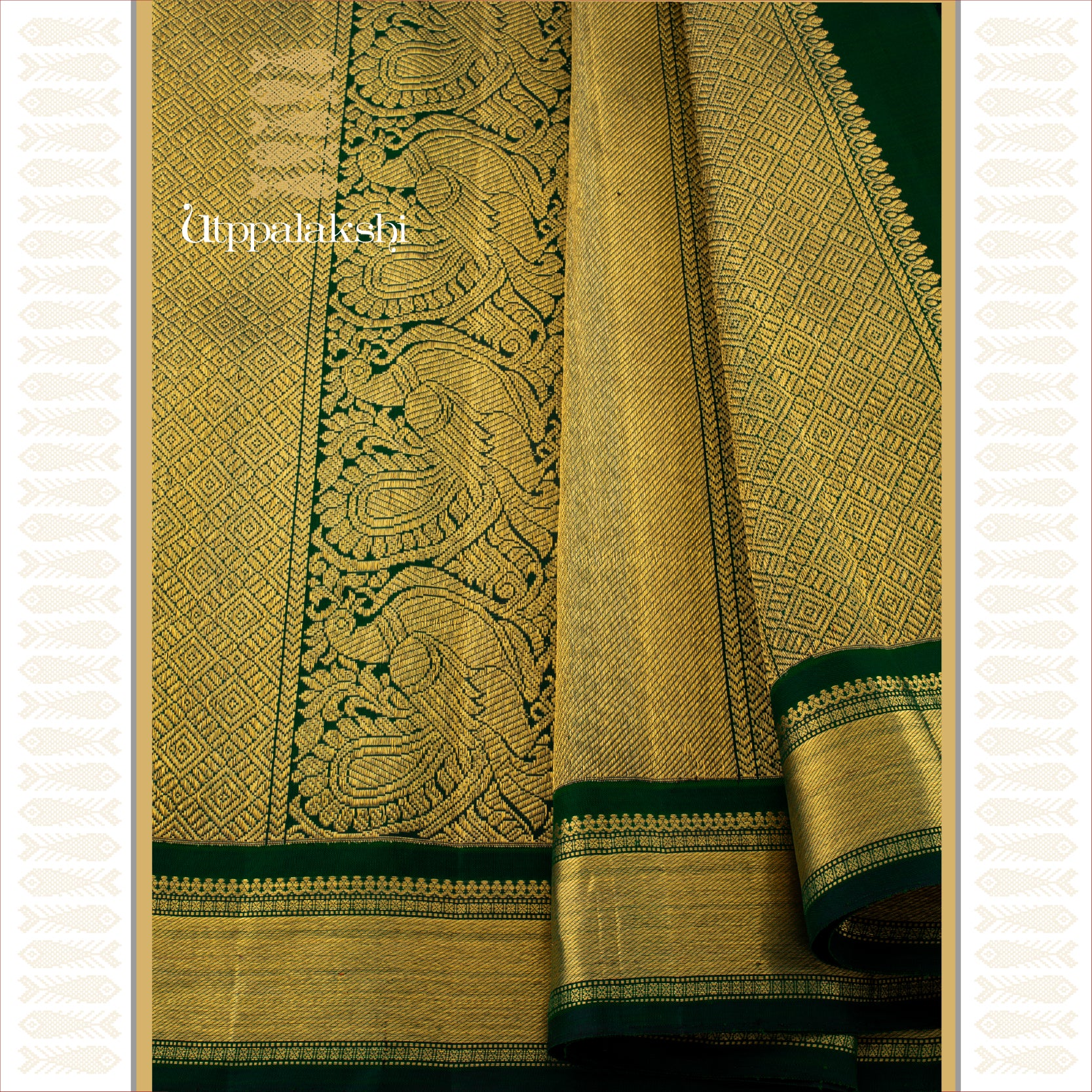 EMERALD GREEN LONG PALLU WITH GATTI BORDER &  ANNAM MOTIFS -AN UTPPALAKSHI HANDWOVEN KANJIVARAM SILK SAREE