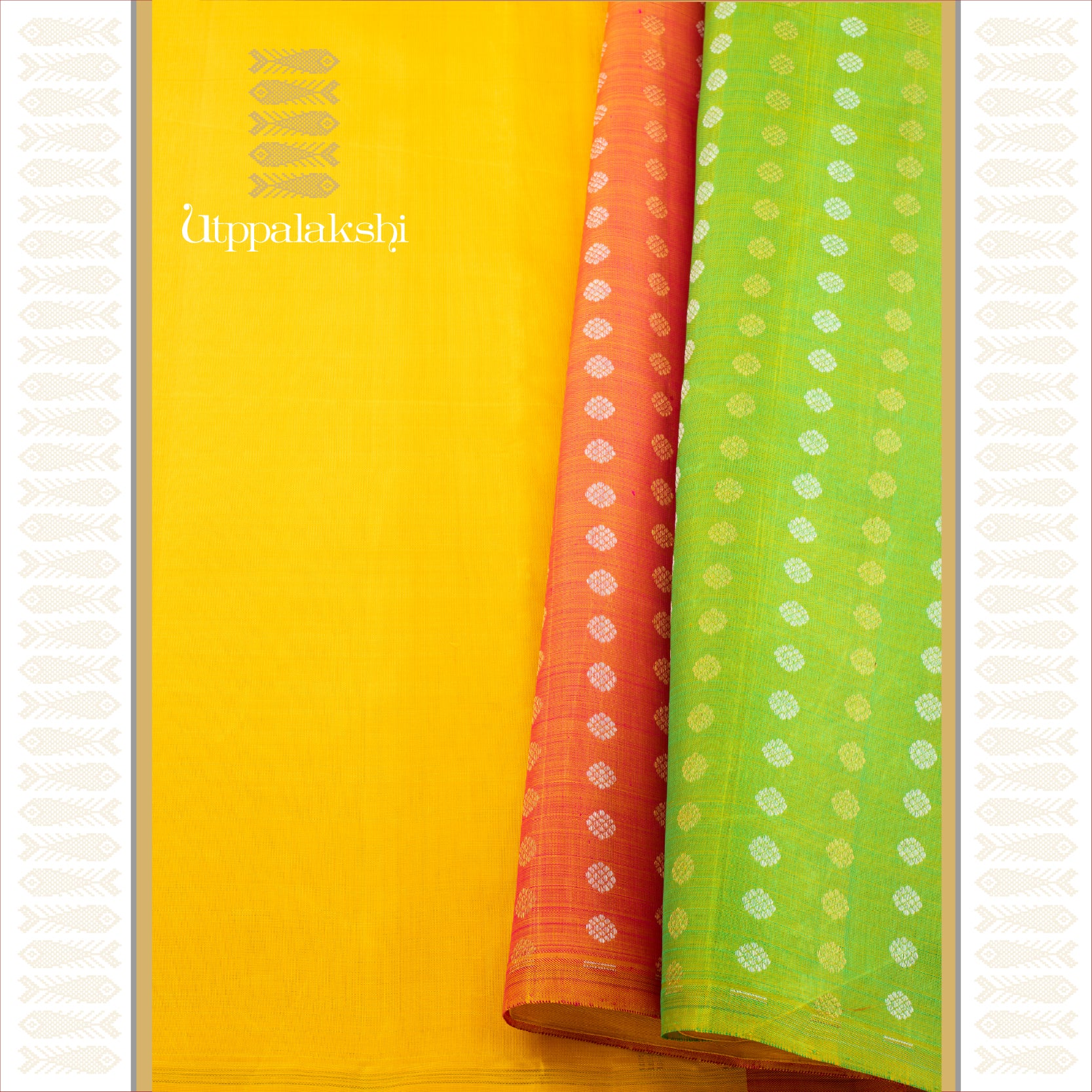 TURMERIC YELLOW PARTLY PALLU WITH DUAL TONED PANELS & ZARI DOTS - AN UTPPALAKSHI HANDWOVEN KANJIVARAM SILK SAREE