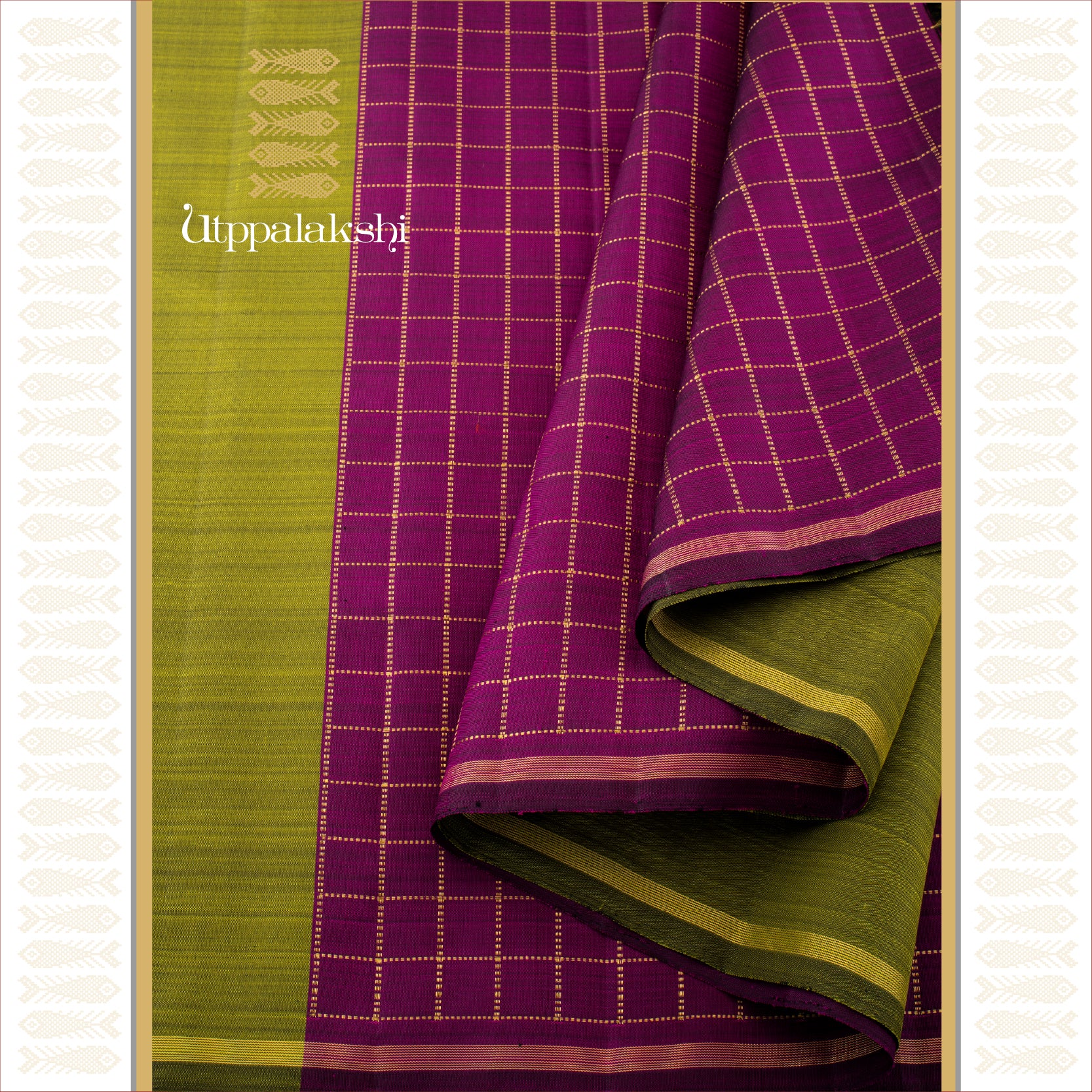 PASI PAYAR PACCHAI & PURPLE PARTLY PALLU WITH MUTHUKATTAM - AN UTPPALAKSHI HANDWOVEN KANJIVARAM SILK SAREE