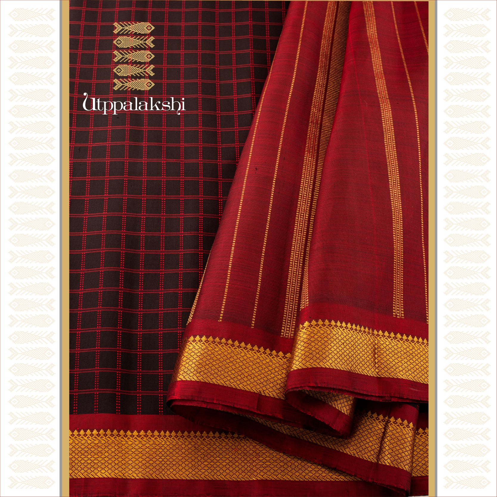 BLACK DOUBE MUTHU KATTAM SAREE WITH MAROON  MAYILKAN ZARI BORDER - AN UTPPALAKSHI HANDWOVEN KANJIVARAM SILK SAREE