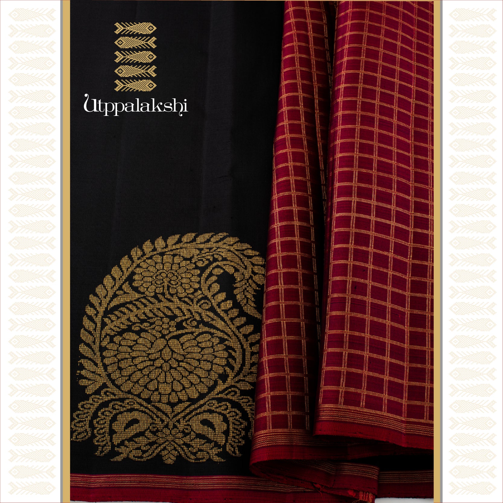 BLACK BODY WITH REDDISH PURPLE EDGE , MANGO MOTIF BORDER & DOUBLE MUTHUKATTAM  PALLU - AN UTPPALAKSHI HANDWOVEN KANJIVARAM SILK SAREE