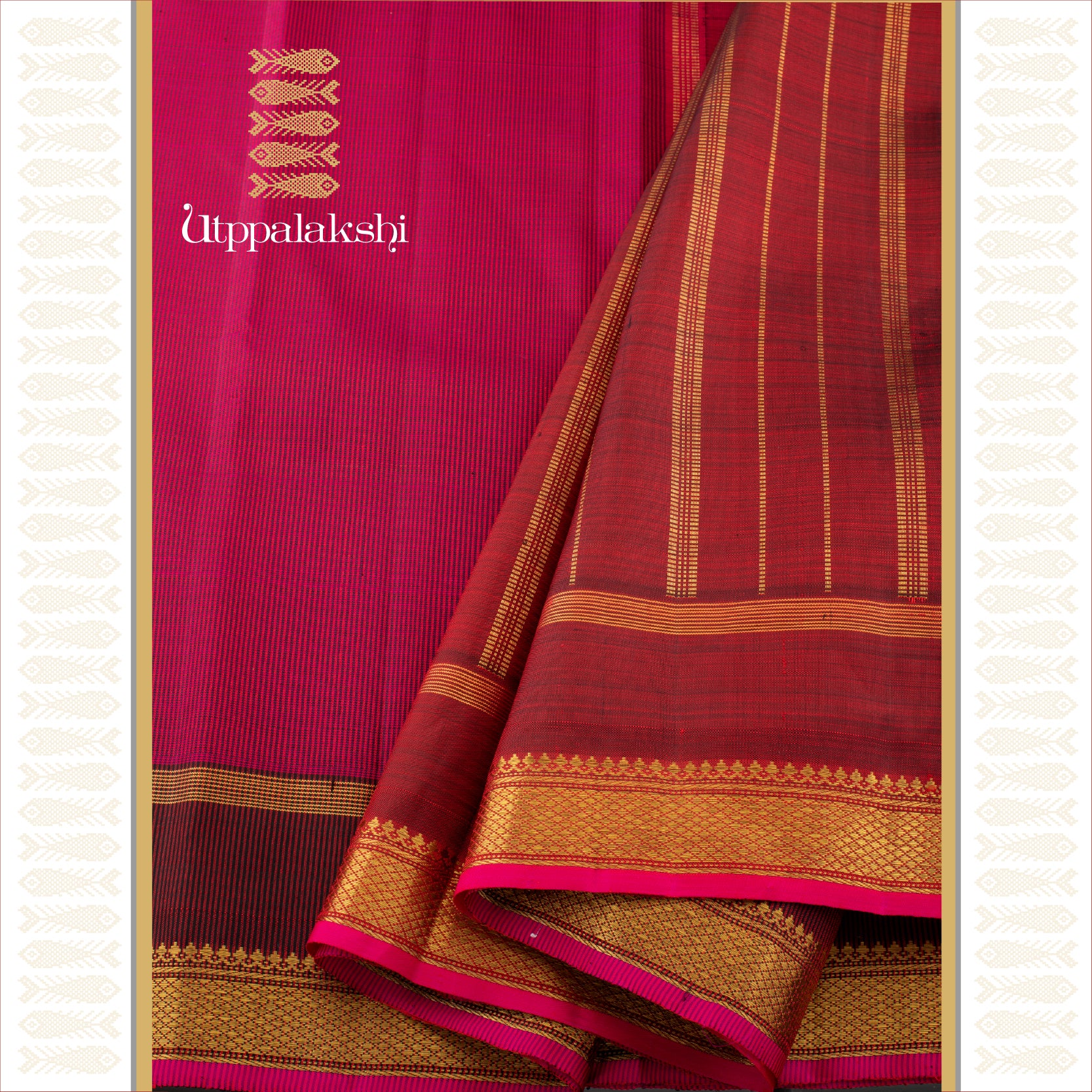 THAKKALI ROSE KASA KASA CHECKS WITH MAYIL KAN BORDER - AN UTPPALAKSHI HANDWOVEN KANJIVARAM SILK SAREE