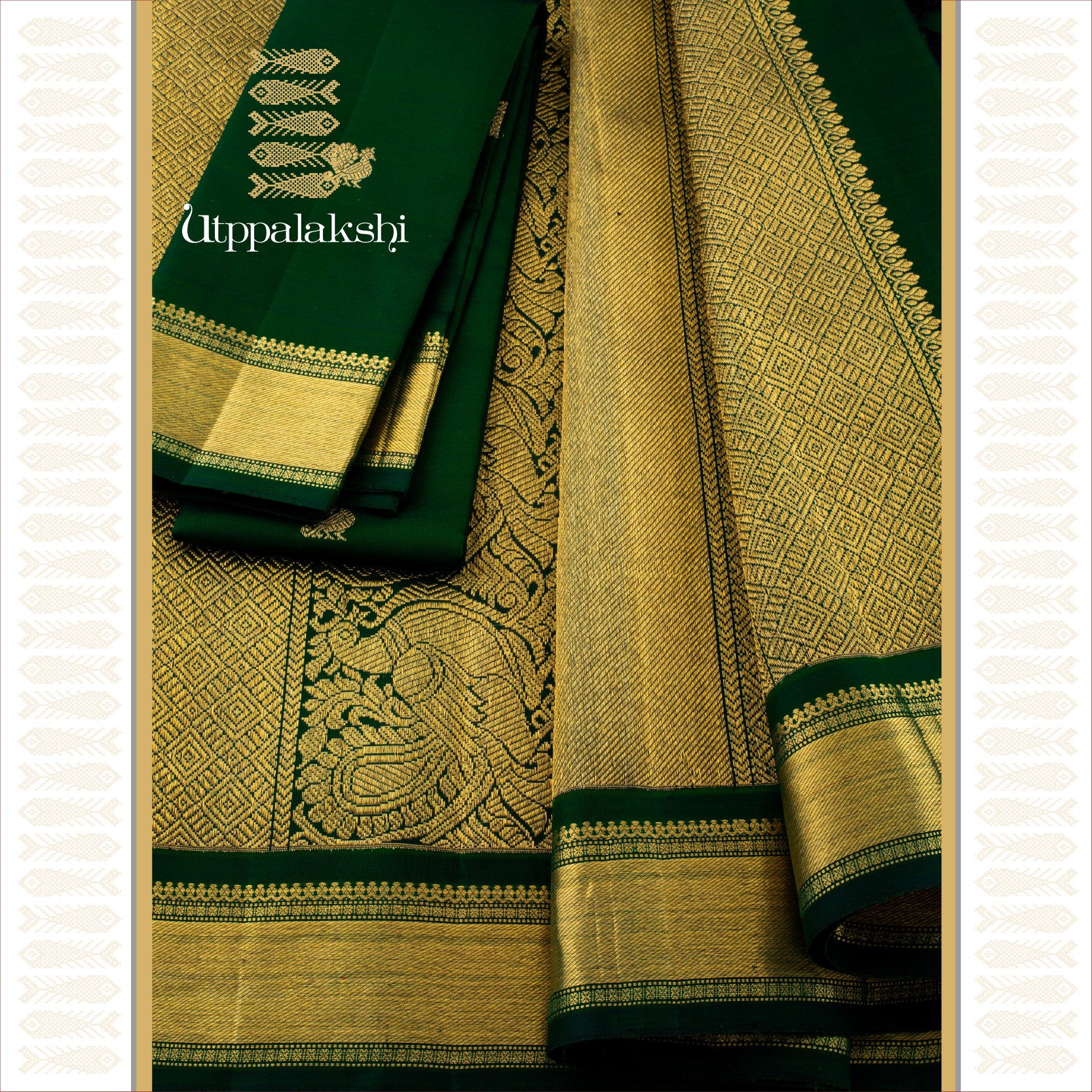 EMERALD GREEN LONG PALLU WITH GATTI BORDER &  ANNAM MOTIFS -AN UTPPALAKSHI HANDWOVEN KANJIVARAM SILK SAREE