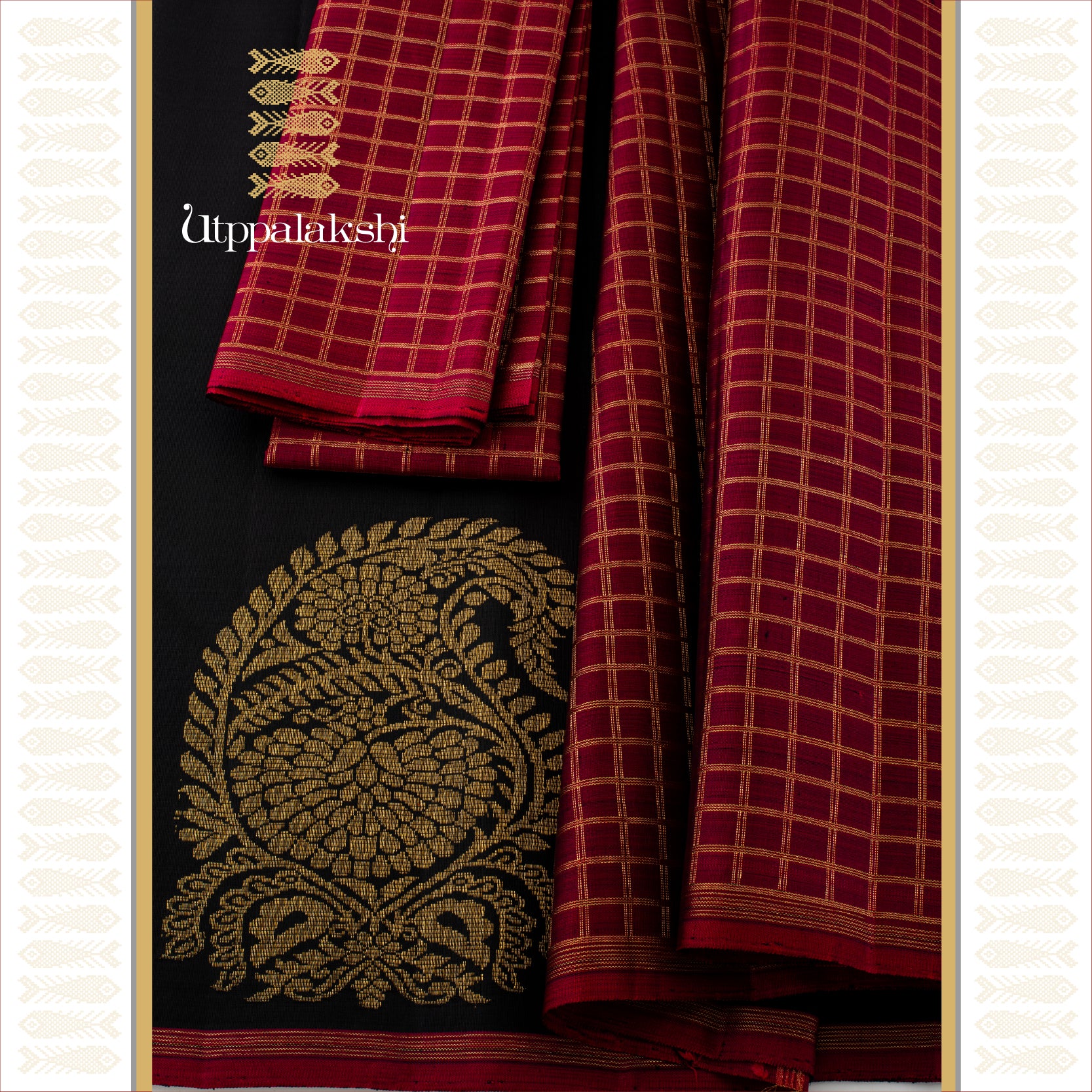 BLACK BODY WITH REDDISH PURPLE EDGE , MANGO MOTIF BORDER & DOUBLE MUTHUKATTAM  PALLU - AN UTPPALAKSHI HANDWOVEN KANJIVARAM SILK SAREE