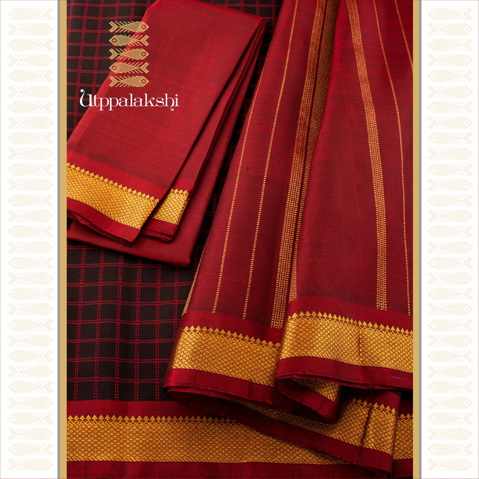 BLACK DOUBE MUTHU KATTAM SAREE WITH MAROON  MAYILKAN ZARI BORDER - AN UTPPALAKSHI HANDWOVEN KANJIVARAM SILK SAREE