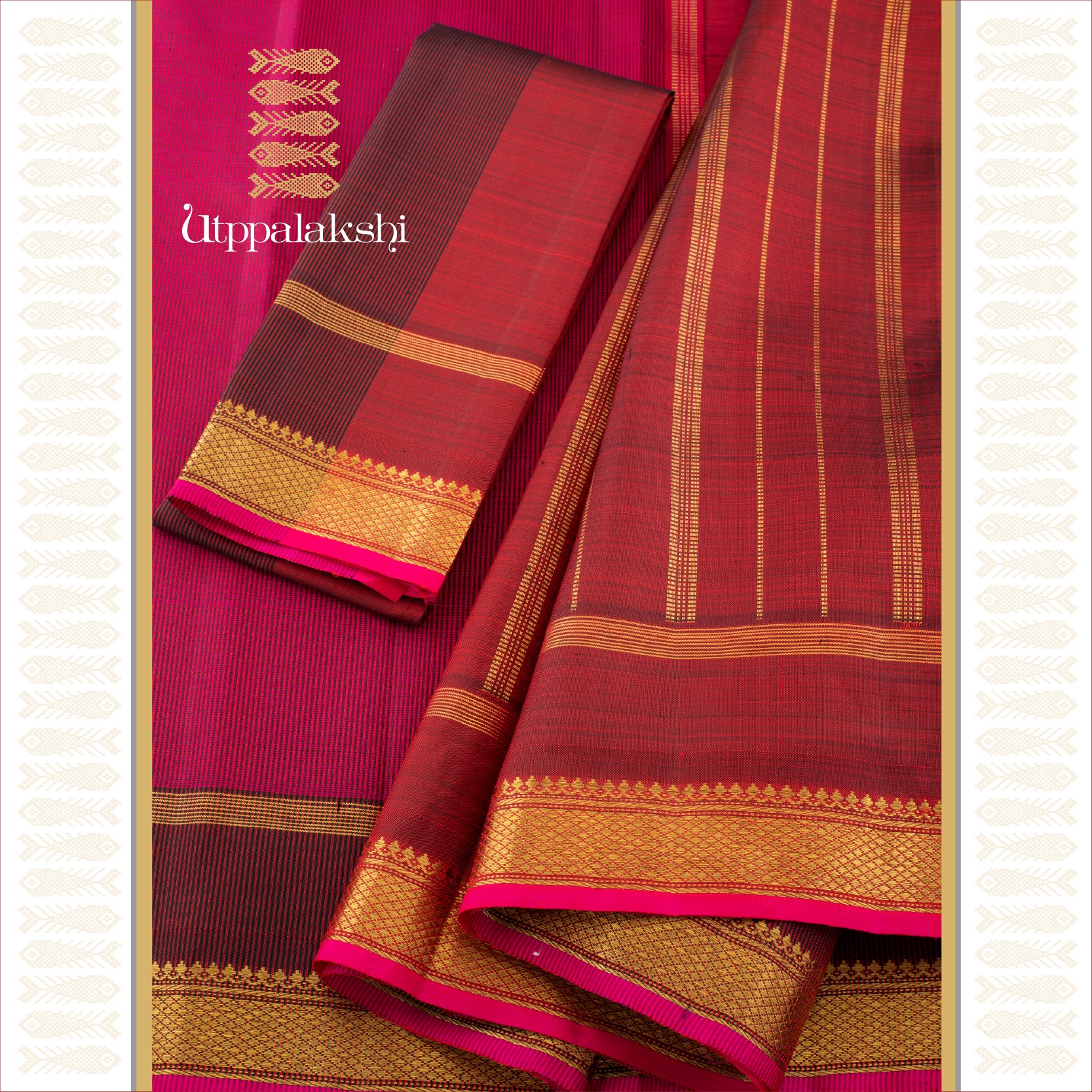 THAKKALI ROSE KASA KASA CHECKS WITH MAYIL KAN BORDER - AN UTPPALAKSHI HANDWOVEN KANJIVARAM SILK SAREE