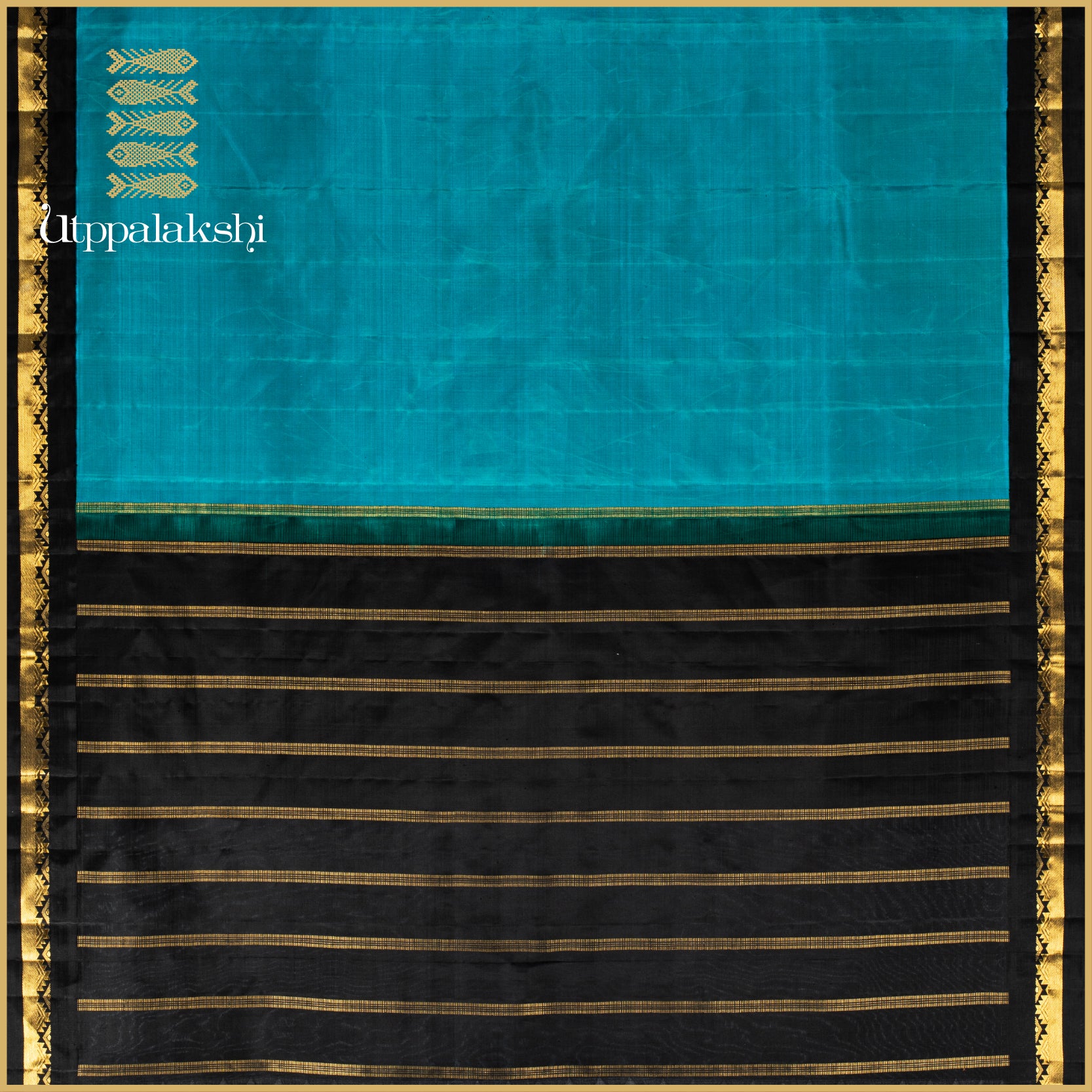 Peacock Blue with Black Korvai Temple Border - AN UTPPALAKSHI HANDWOVEN KANJIVARAM SILK SAREE