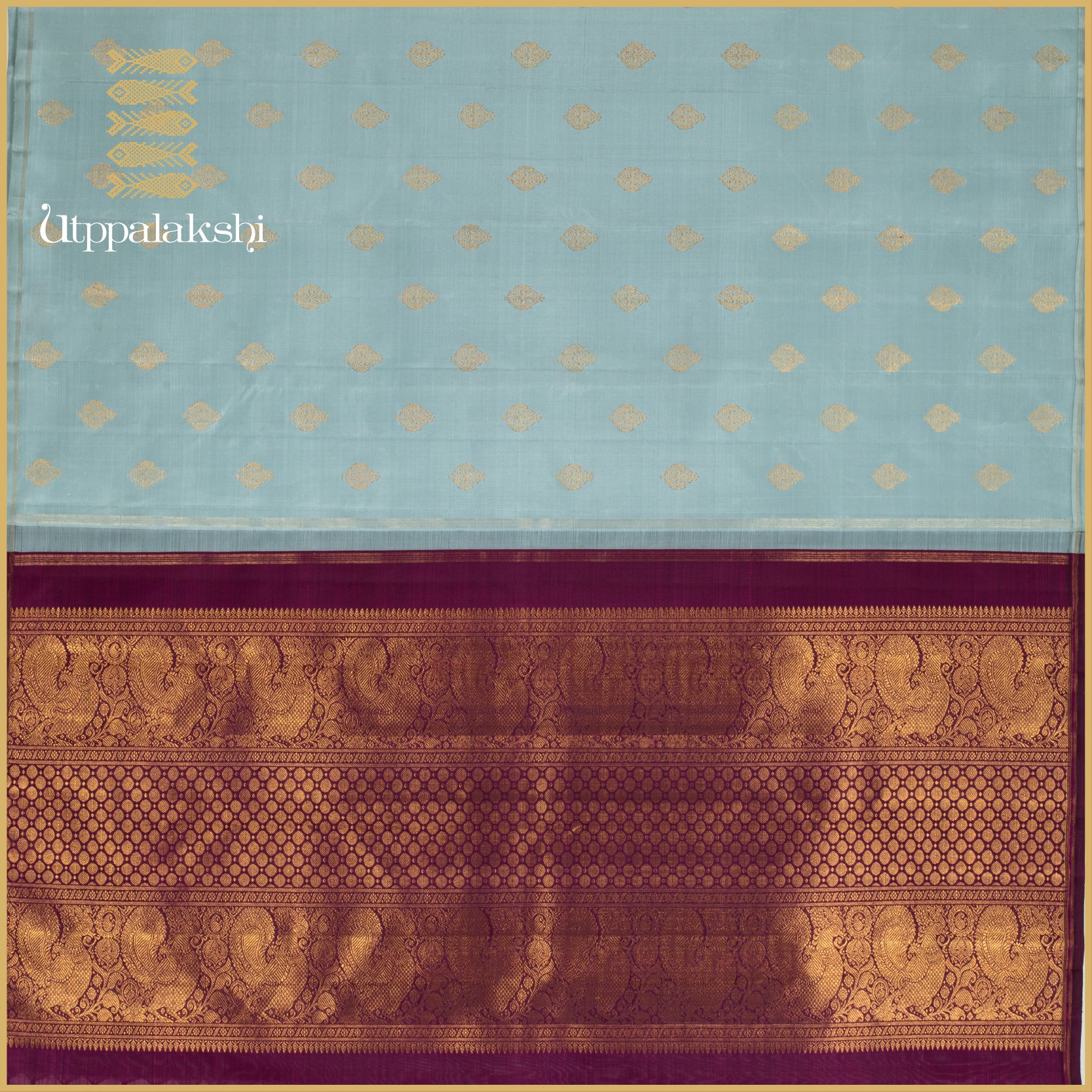 Smoky Blue with Floral Motifs and Purple Pallu- AN UTPPALAKSHI HANDWOVEN KANJIVARAM SILK SAREE