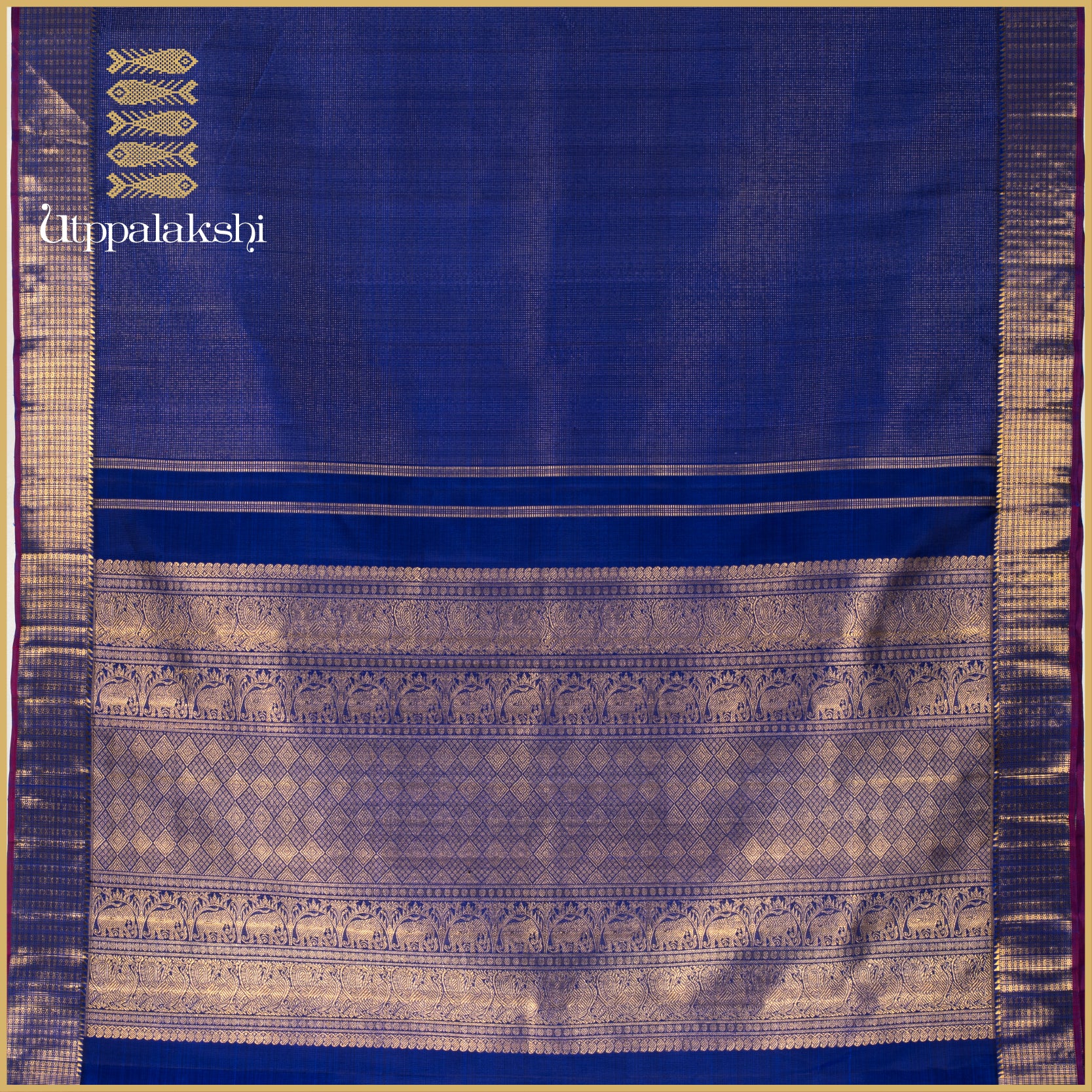 Blue Vertical Vaira Oosi with Rudraksham Getti Zari Border and Purple Edging - AN UTPPALAKSHI HANDWOVEN KANJIVARAM SILK SAREE