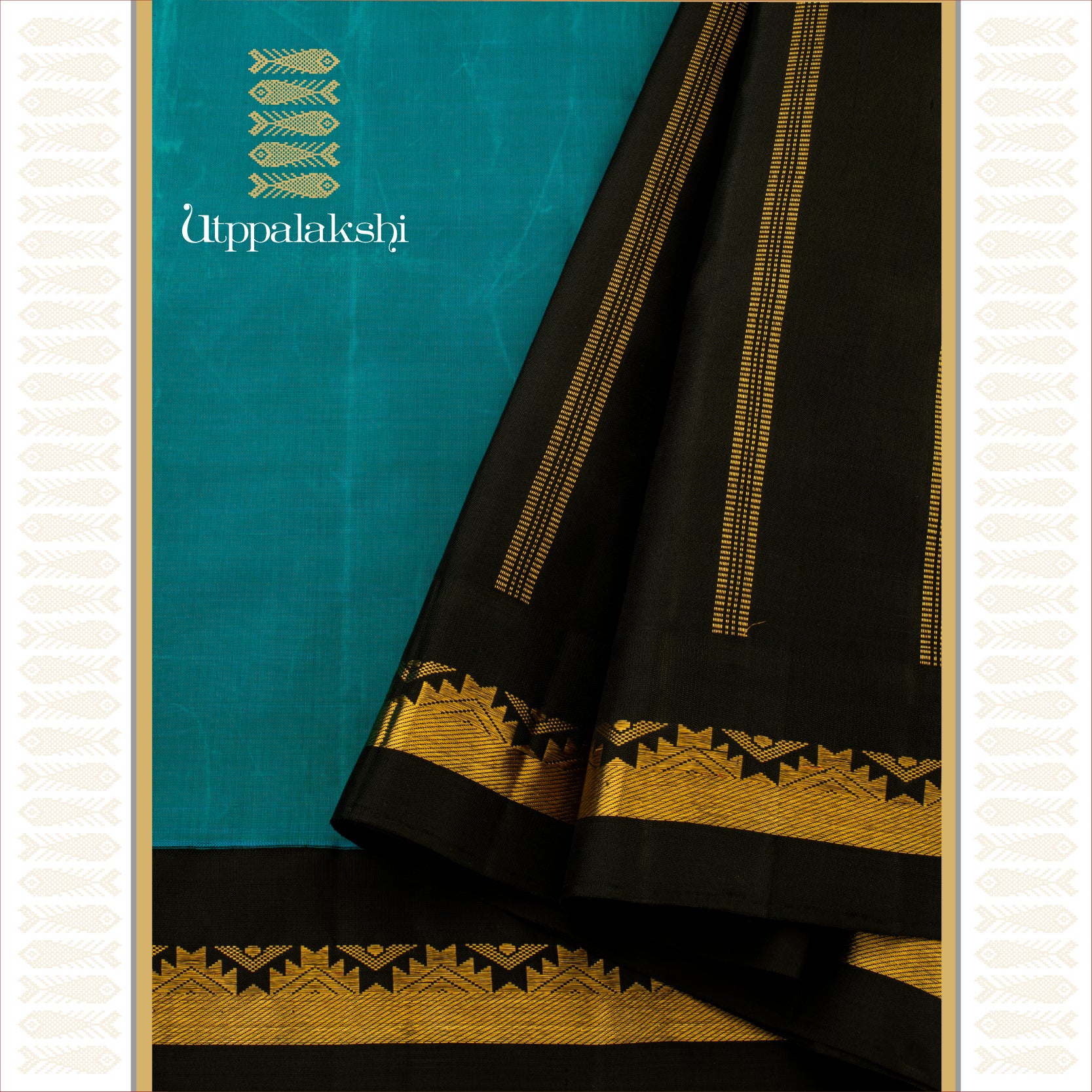 Peacock Blue with Black Korvai Temple Border - AN UTPPALAKSHI HANDWOVEN KANJIVARAM SILK SAREE