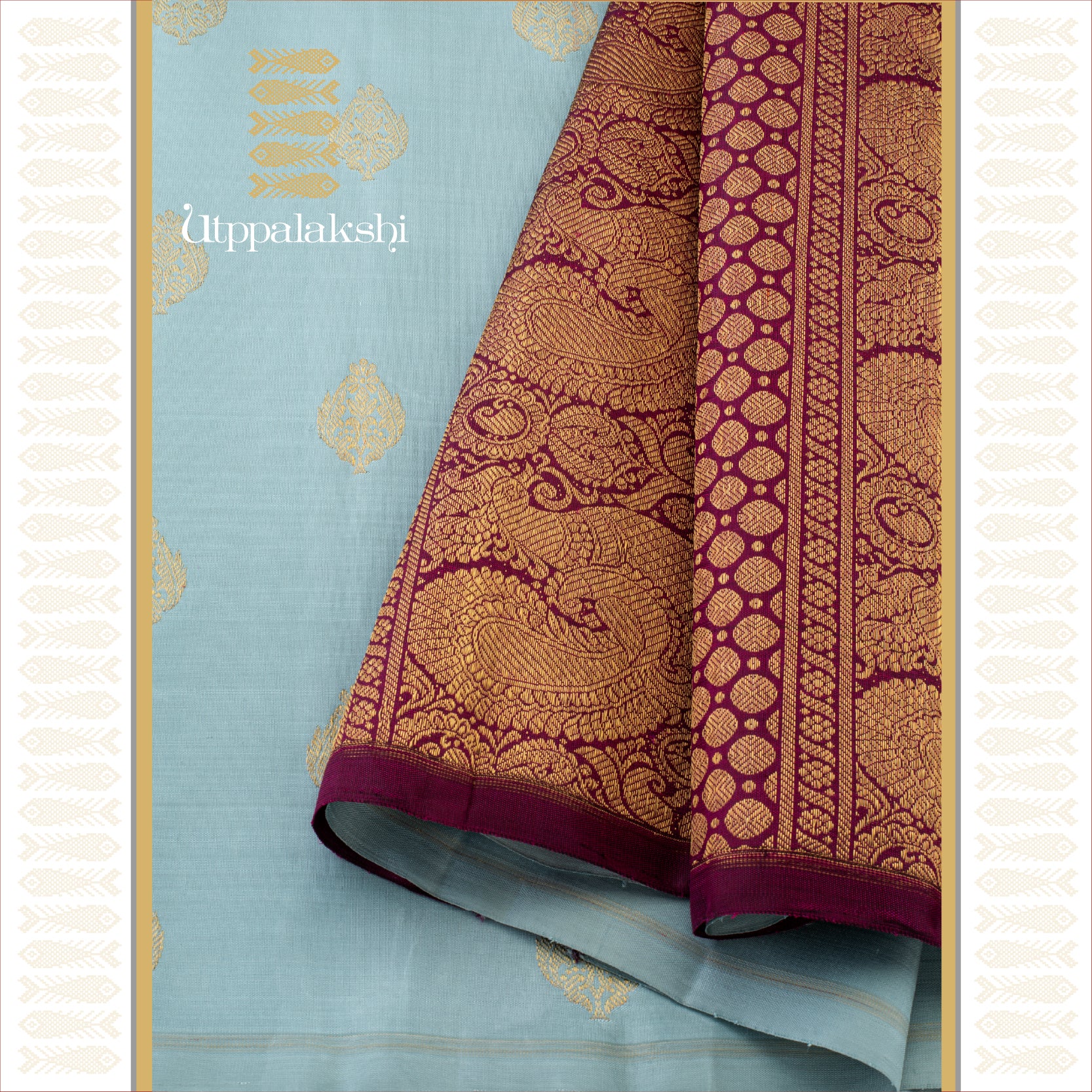 Smoky Blue with Floral Motifs and Purple Pallu- AN UTPPALAKSHI HANDWOVEN KANJIVARAM SILK SAREE