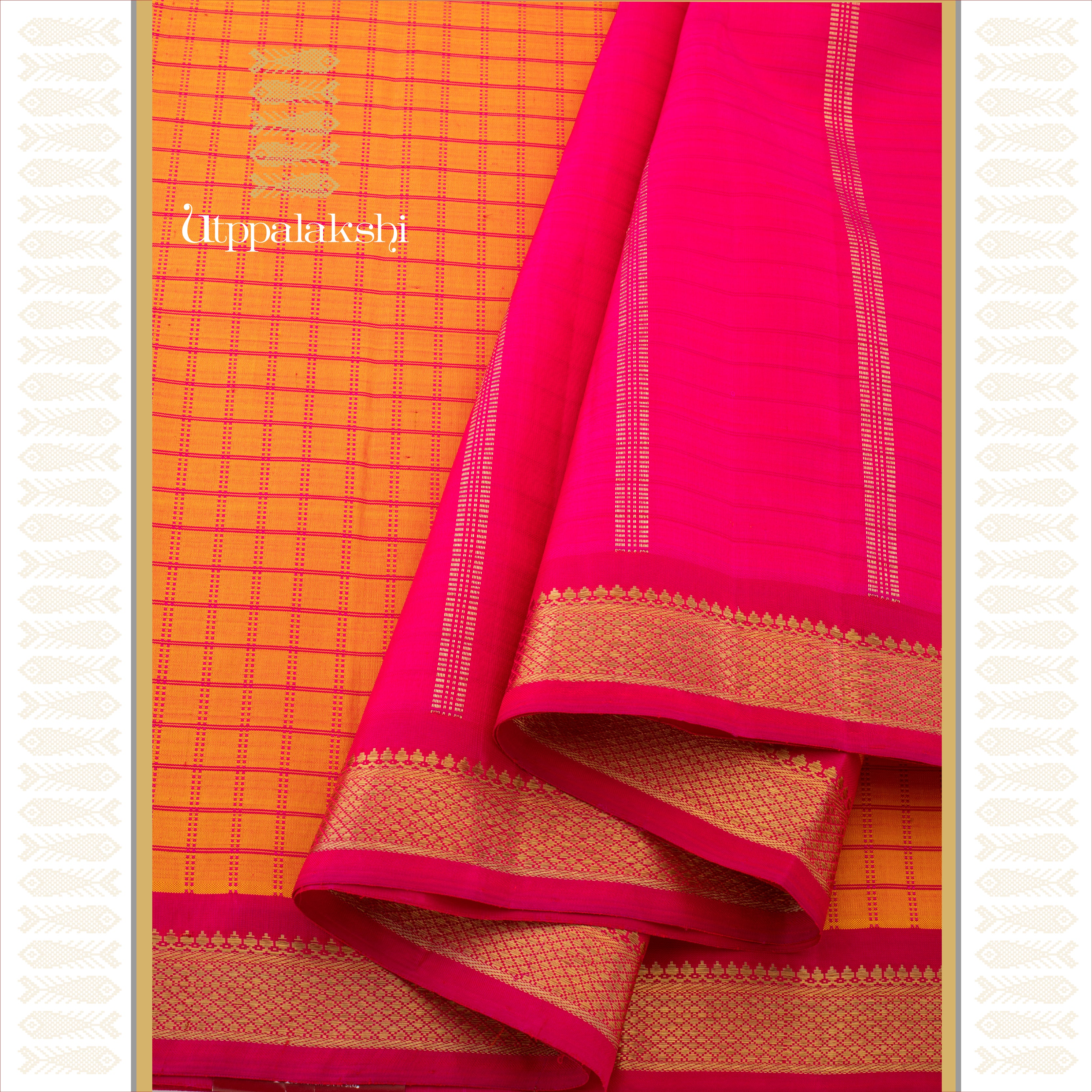 Orange and Pink Muthukattam with Simple Pallu - AN UTPPALAKSHI HANDWOVEN KANJIVARAM SILK SAREE