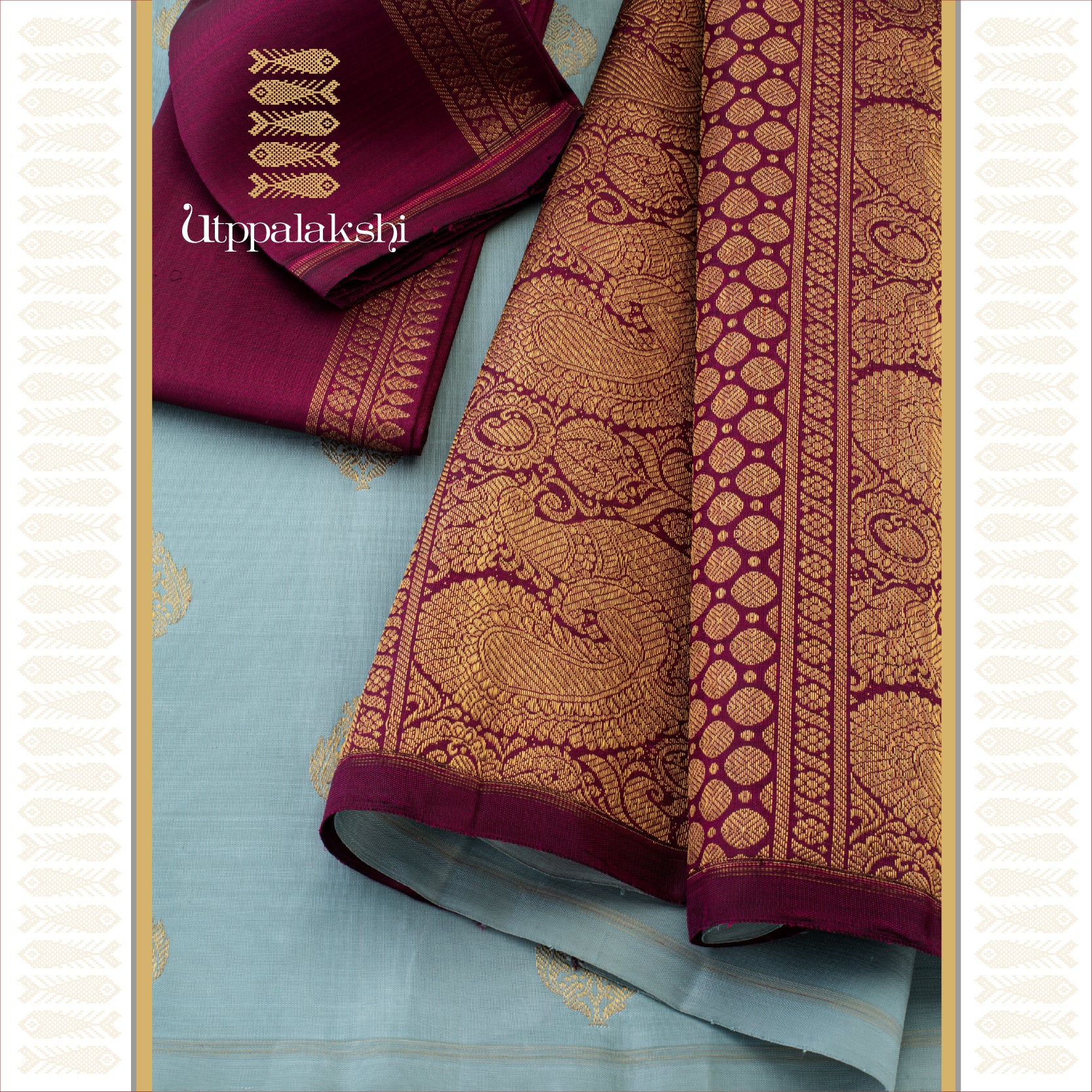 Smoky Blue with Floral Motifs and Purple Pallu- AN UTPPALAKSHI HANDWOVEN KANJIVARAM SILK SAREE