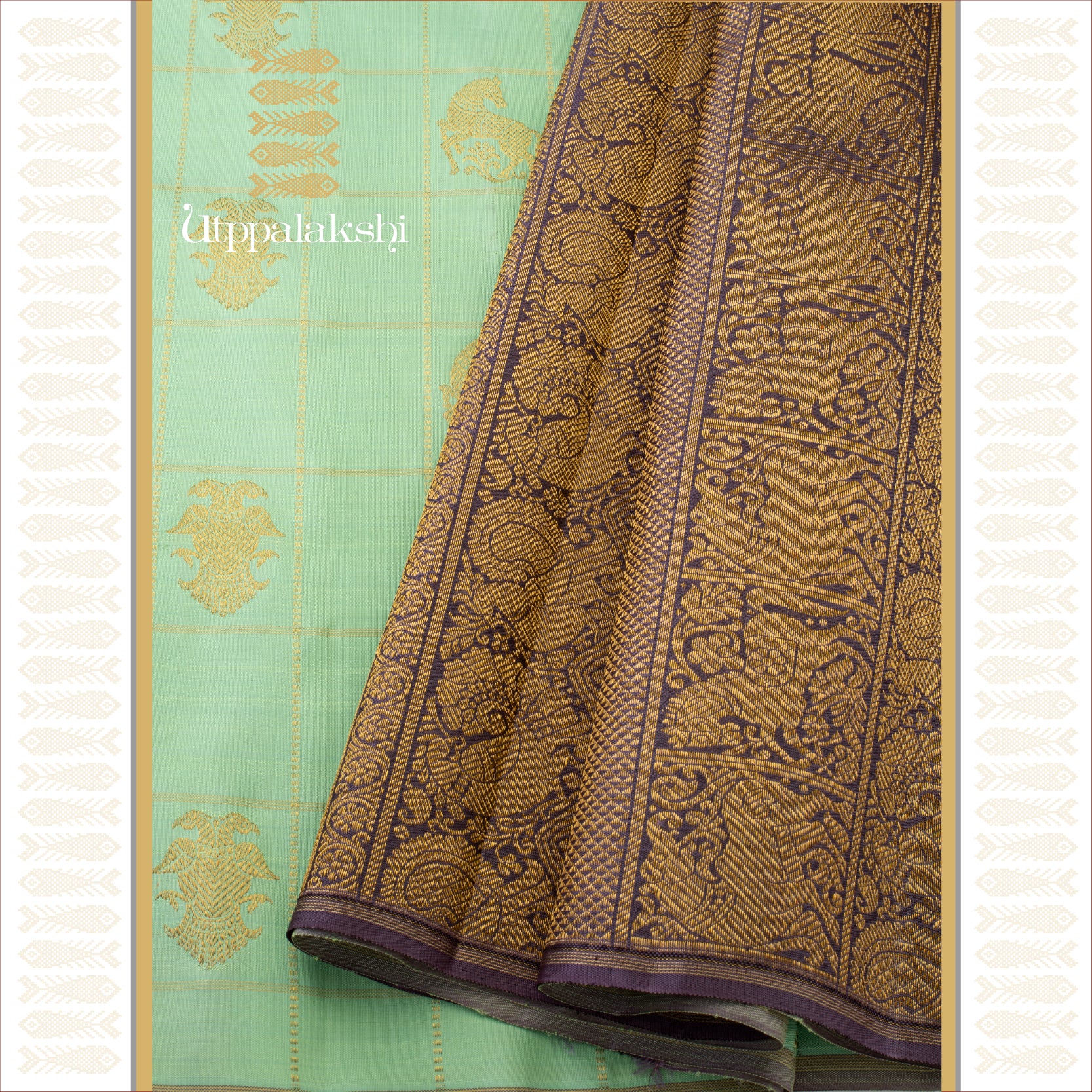 Cardamom Green with Gandaberunda and Dusty Purple Pallu - AN UTPPALAKSHI HANDWOVEN KANJIVARAM SILK SAREE