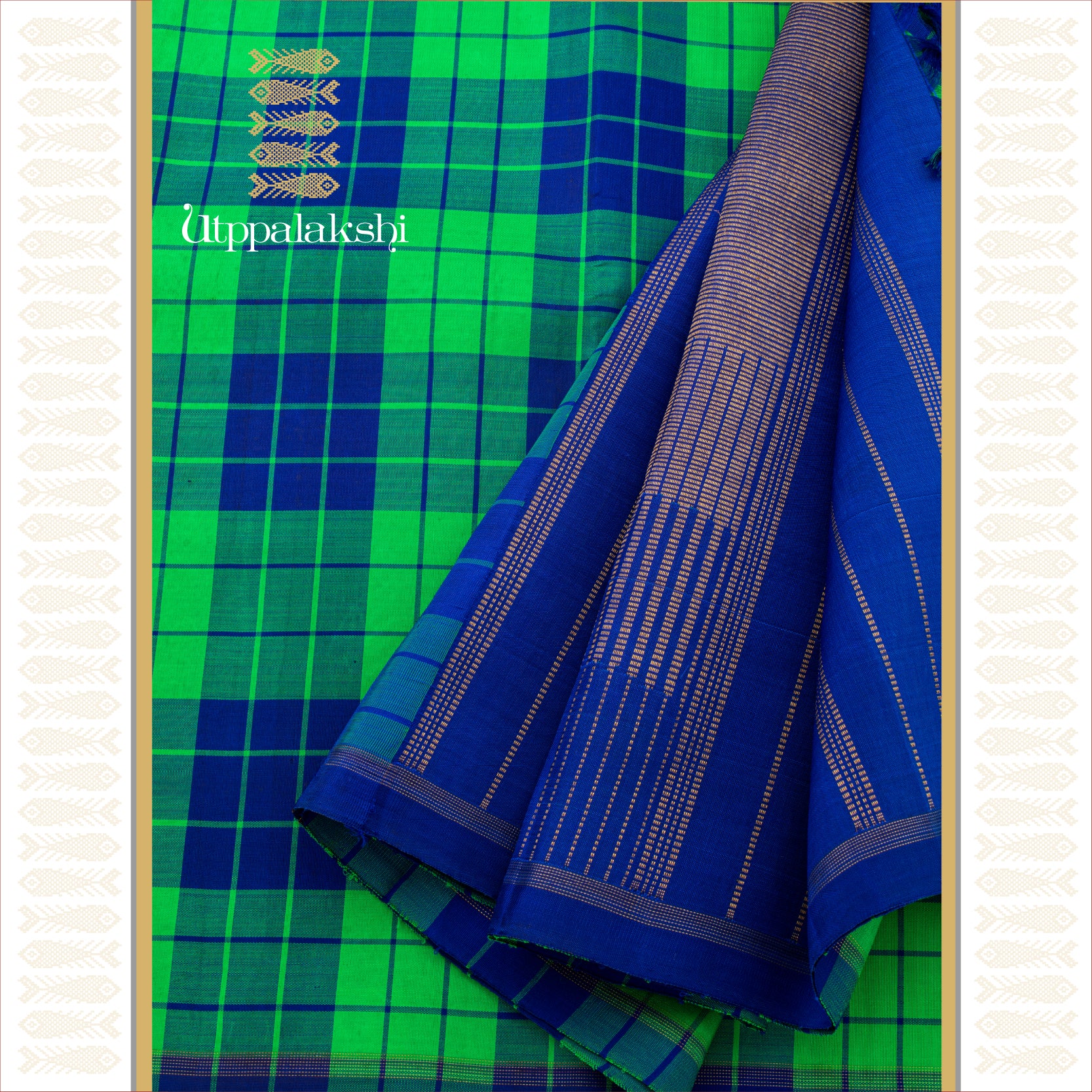 Green and Royal Blue Checks with Seer Pallu - AN UTPPALAKSHI HANDWOVEN KANJIVARAM SILK SAREE