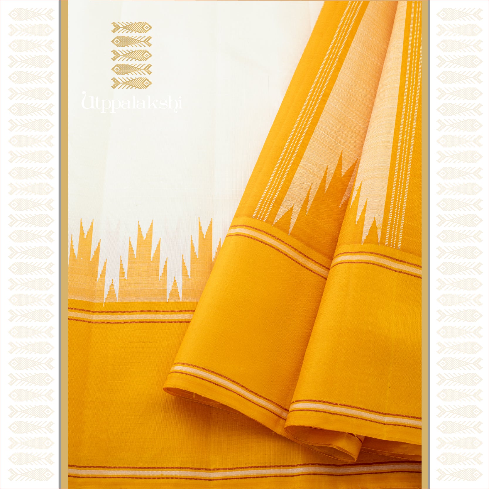 Off-White with Yellow Temple Border and Seer Pallu - AN UTPPALAKSHI HANDWOVEN KANJIVARAM SILK SAREE